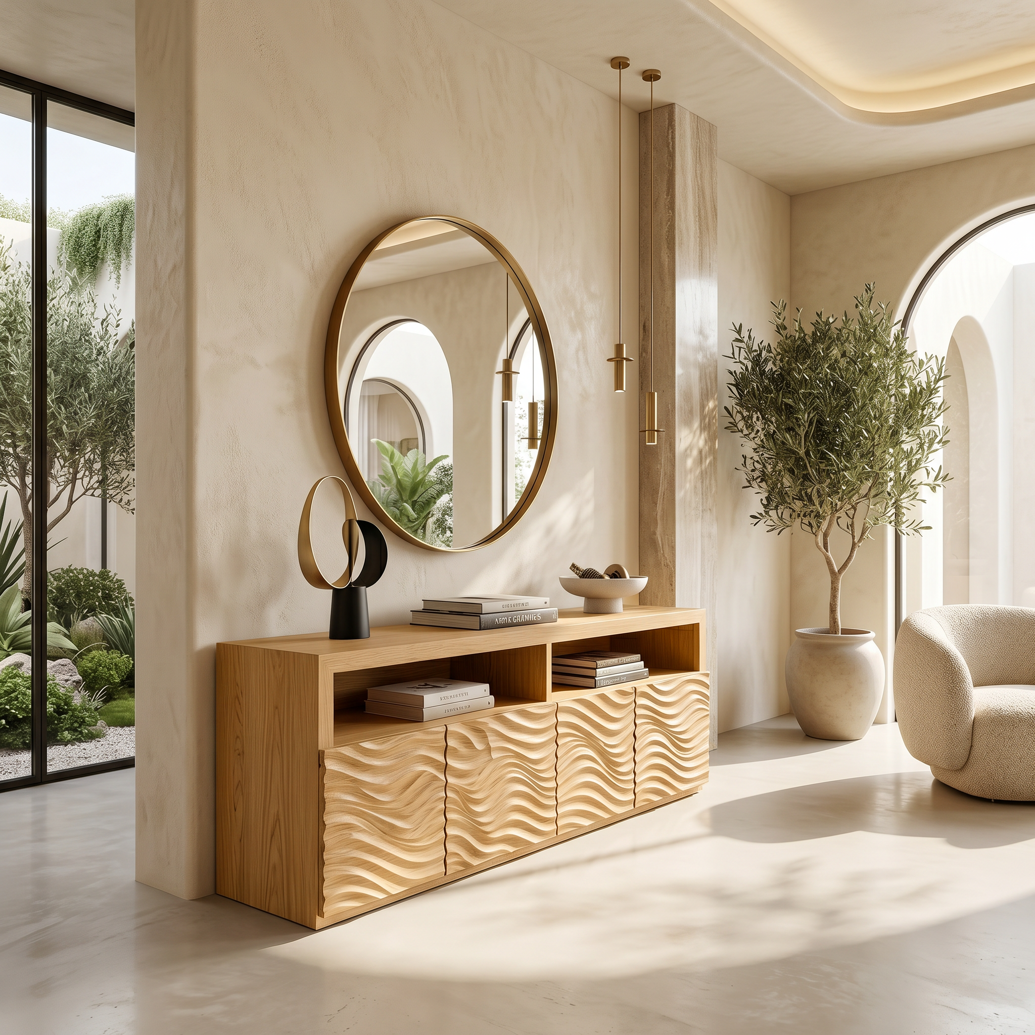 Contemporary Sideboard With Carved Wood Doors And Functional Storage For Living Room