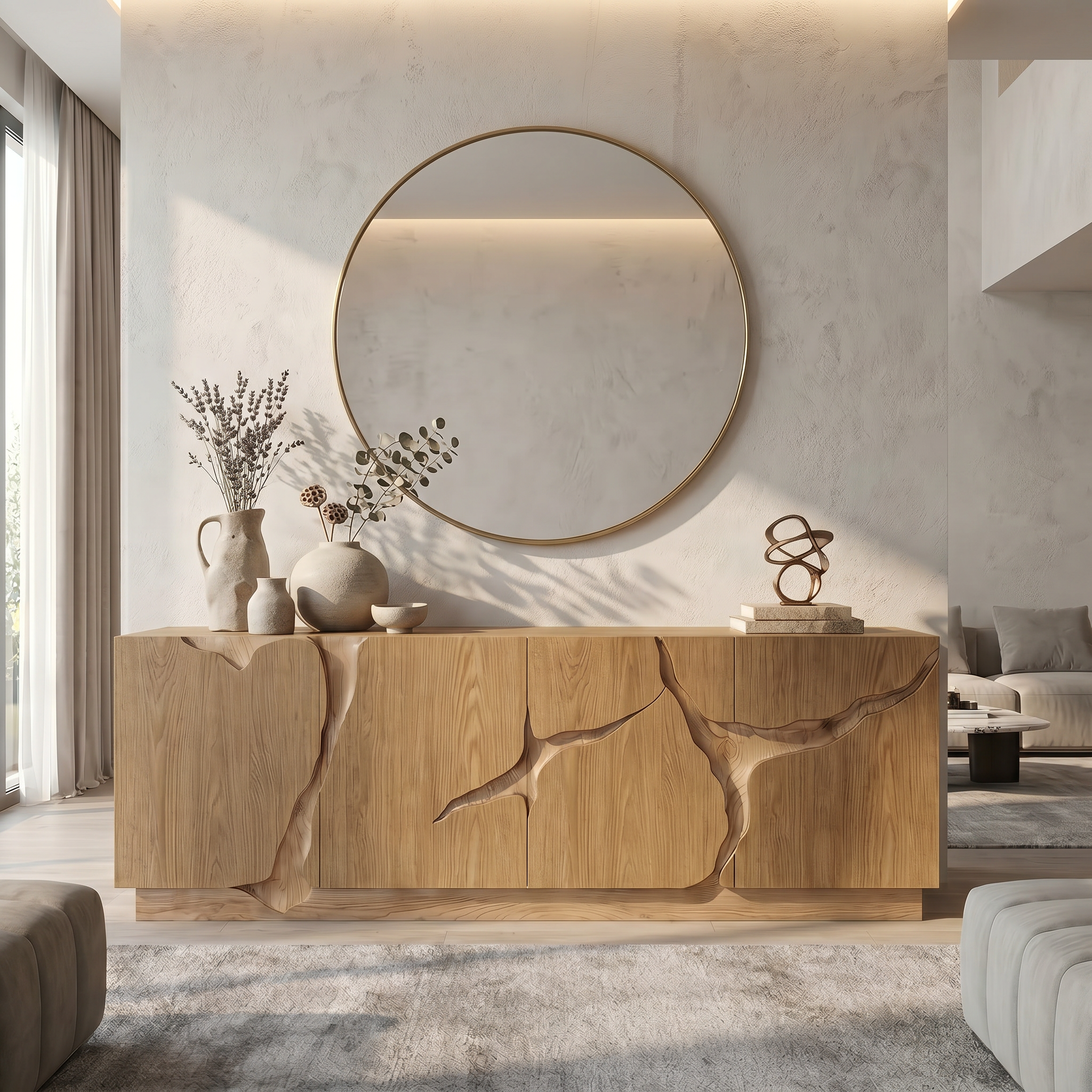 Organic Sideboard With Charred Wood Doors And Natural Live Edge Inlay For Living Room