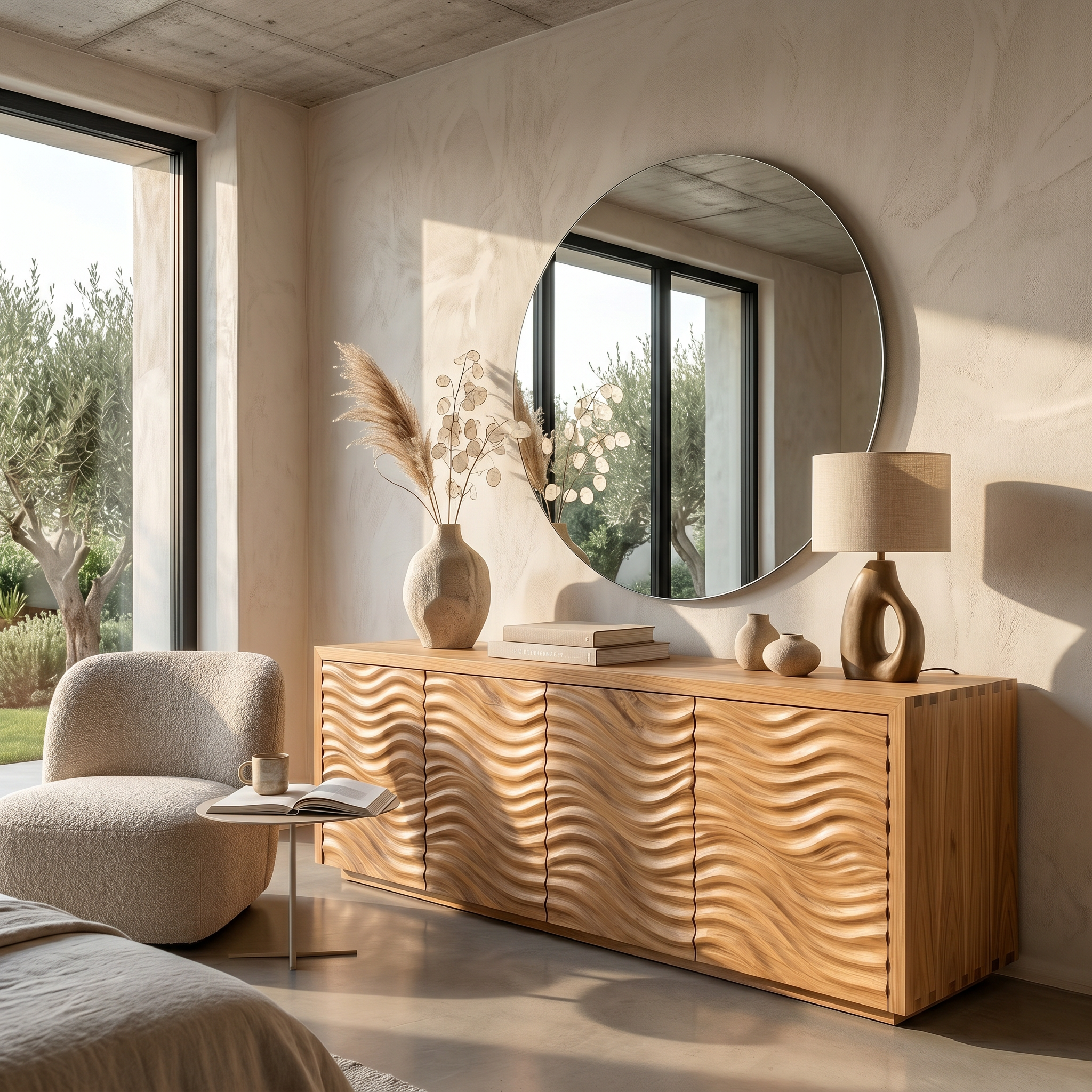 Rustic Sideboard With Hand Carved Wave Wood Doors And Solid Wood Storage For Living Room