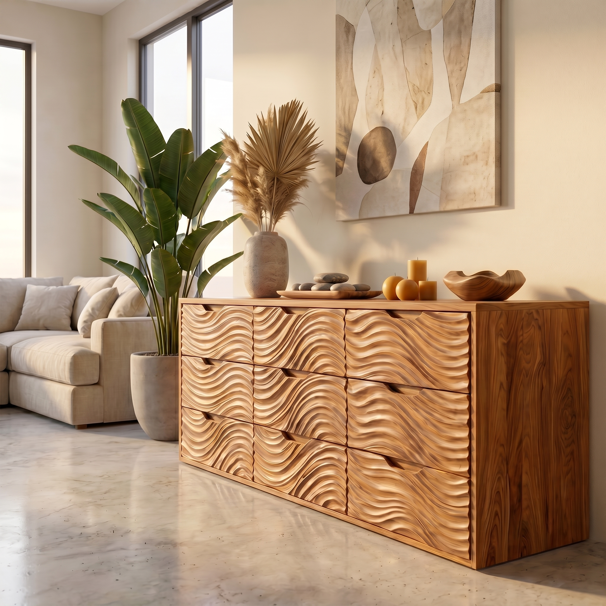Organic Sideboard With Hand Carved Wave Wood Doors And Solid Wood Storage Cabinet For Living Room