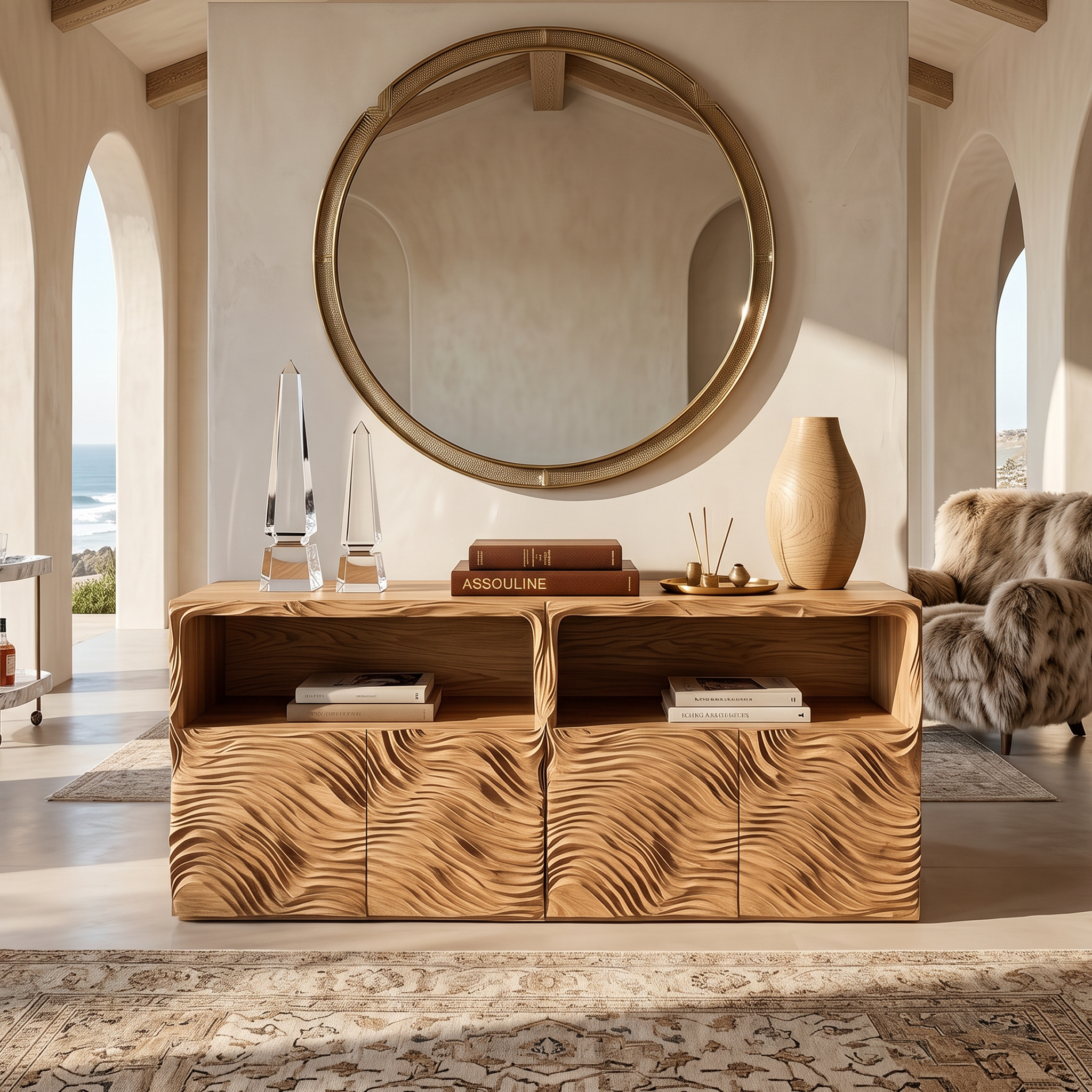 Modern Sideboard With Hand Carved Wave Wood Doors And Open Display Shelves For Living Room