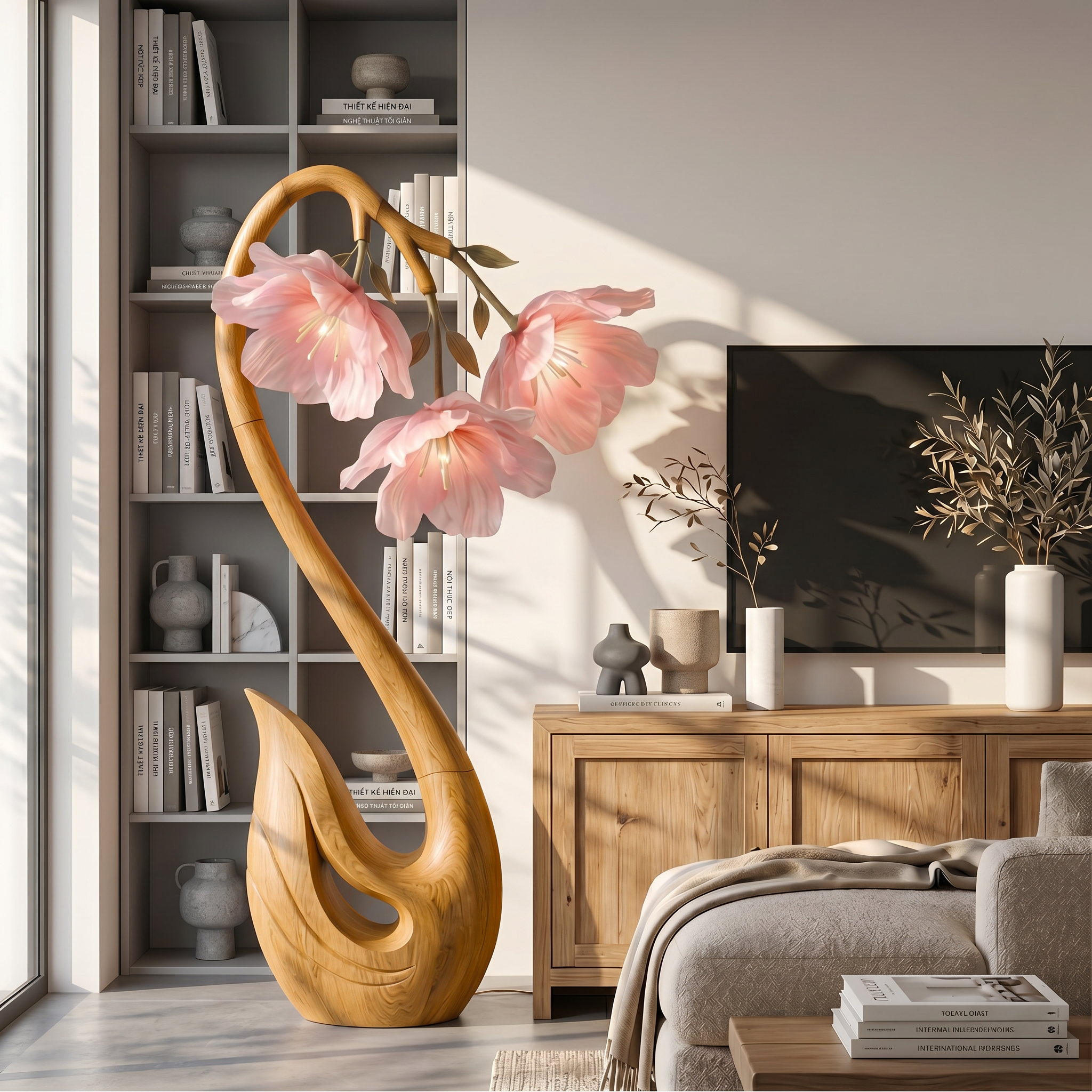 Sculptural Flower Floor Lamp Organic Wood Design For Living Room