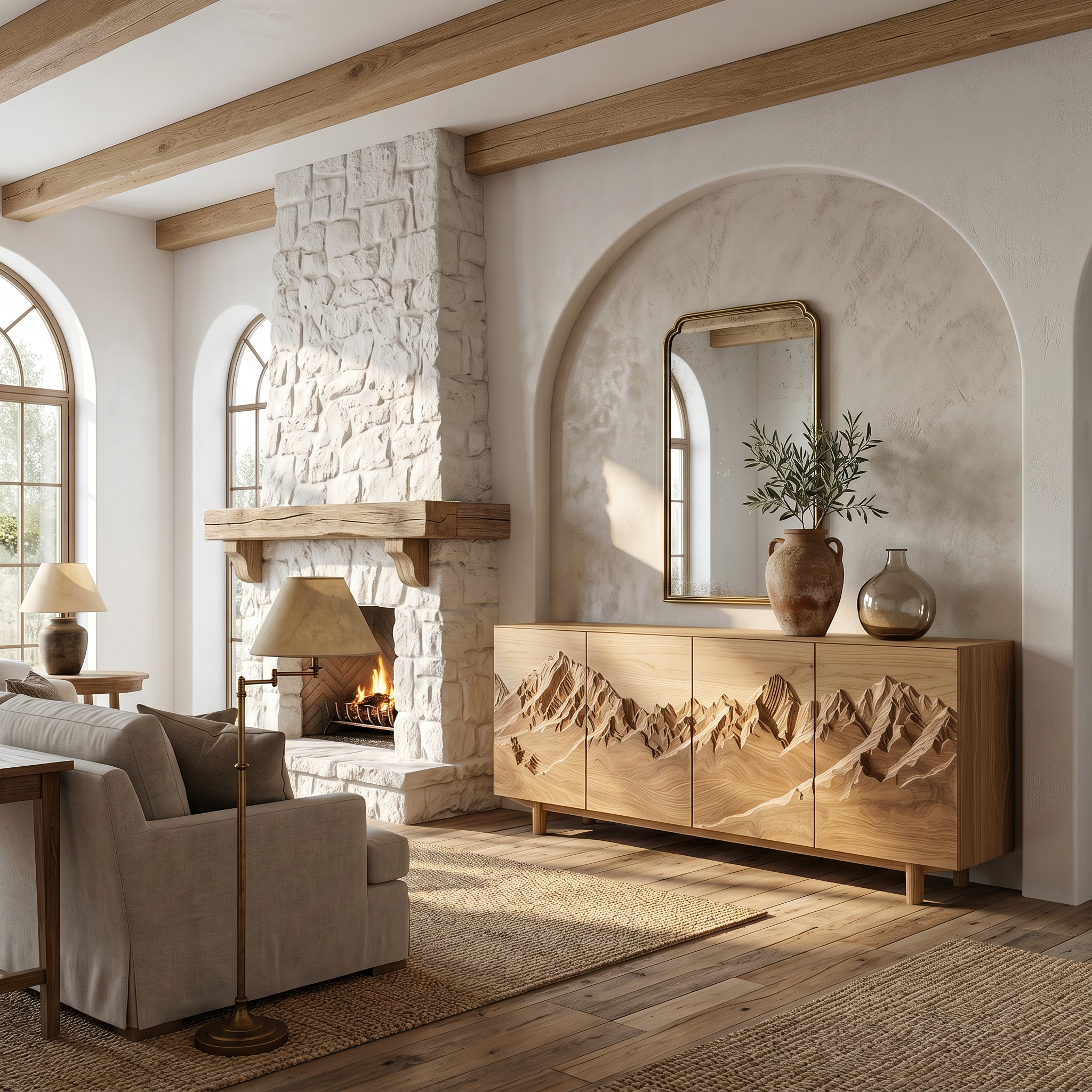 Rustic Mountain Landscape Sideboard With Carved Wood Doors For Living Room And Entryway