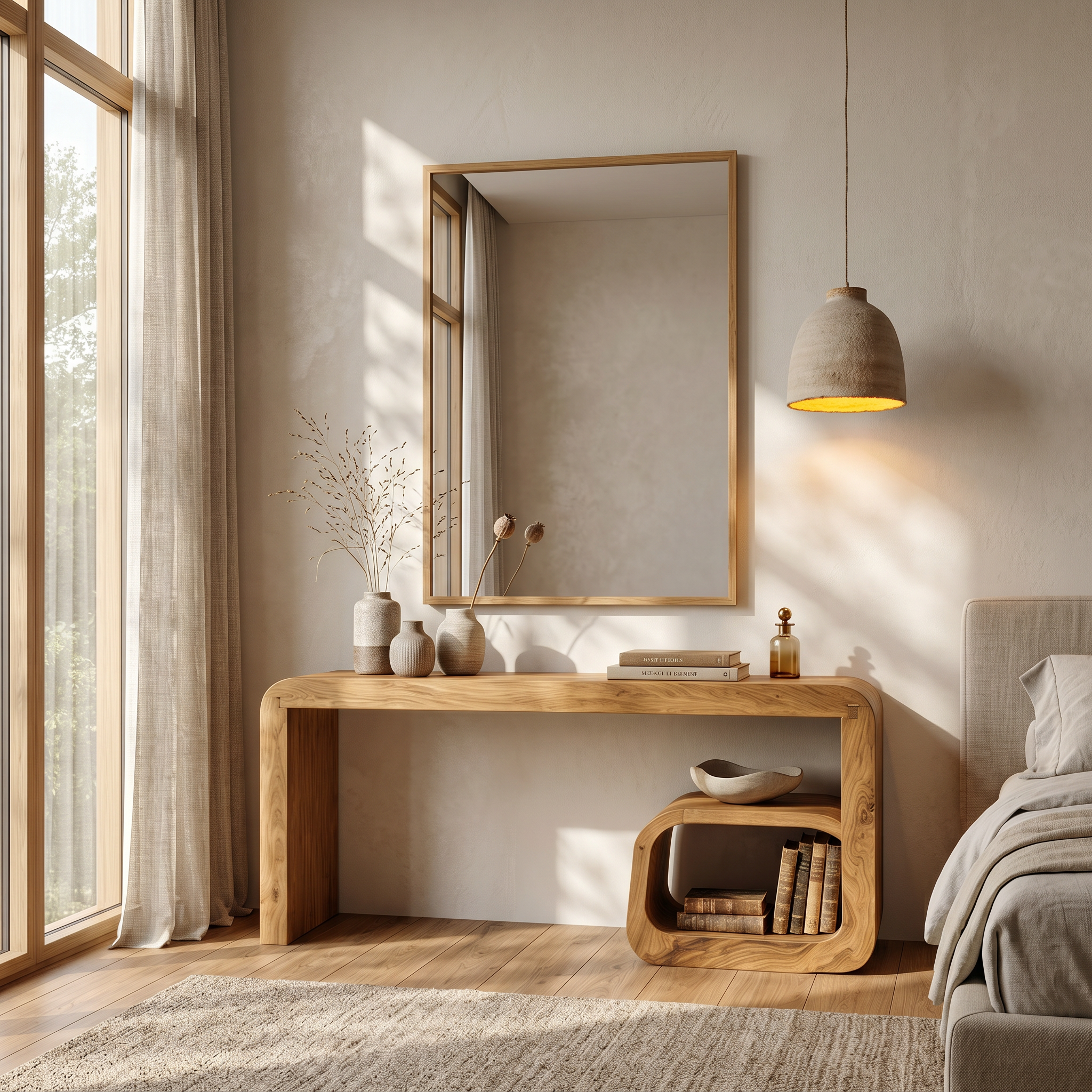Sculptural Dressing Table With Curved Wood Silhouette For Bedroom Decor