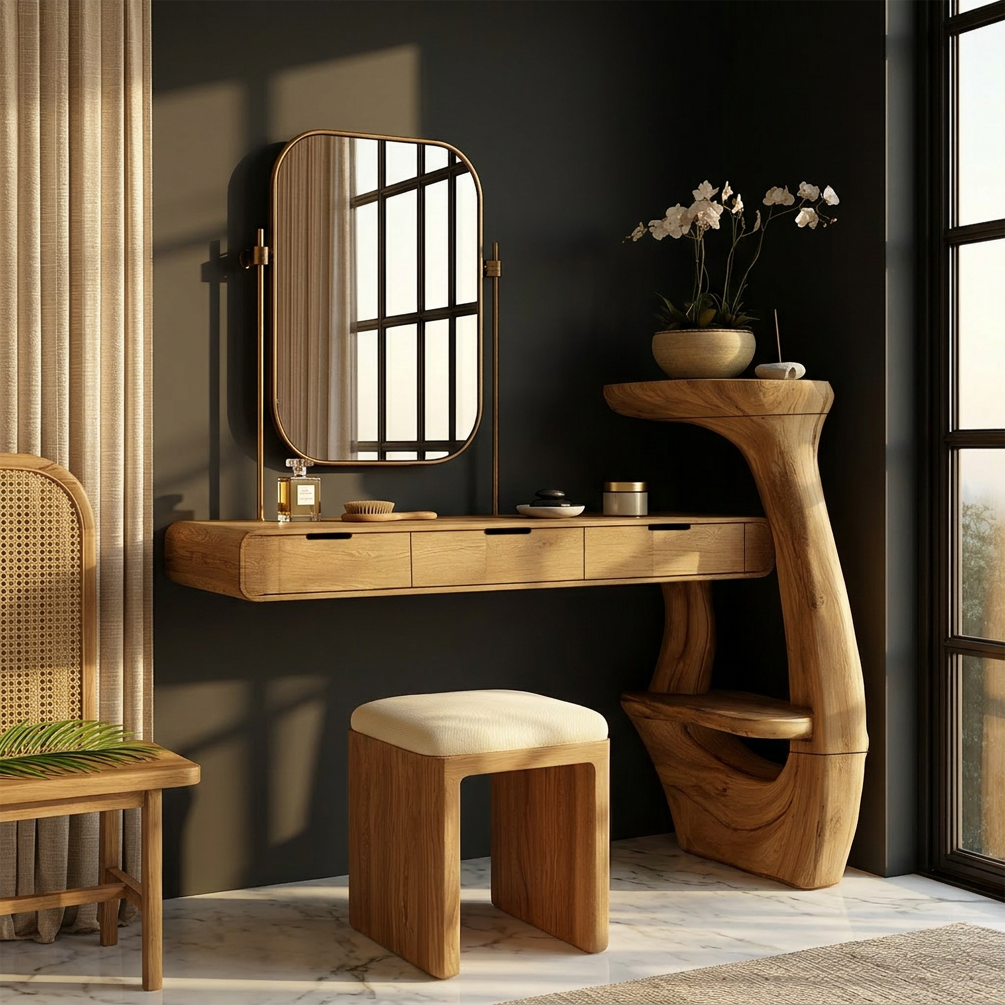 Sculptural Dressing Table With Handcrafted Wood Structure For Bedroom