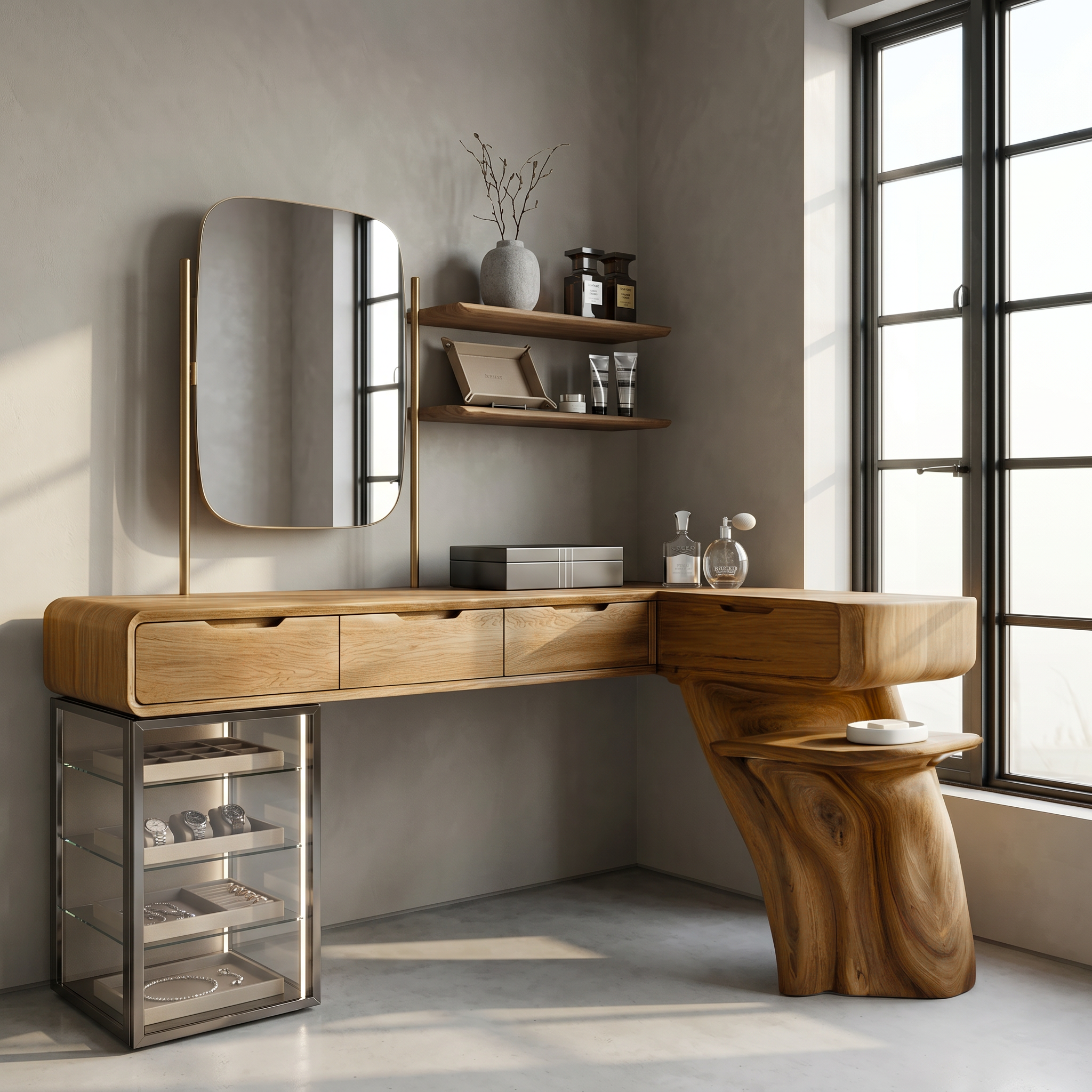 Nature Inspired Dressing Table With Sculptural Wood Design For Bedroom