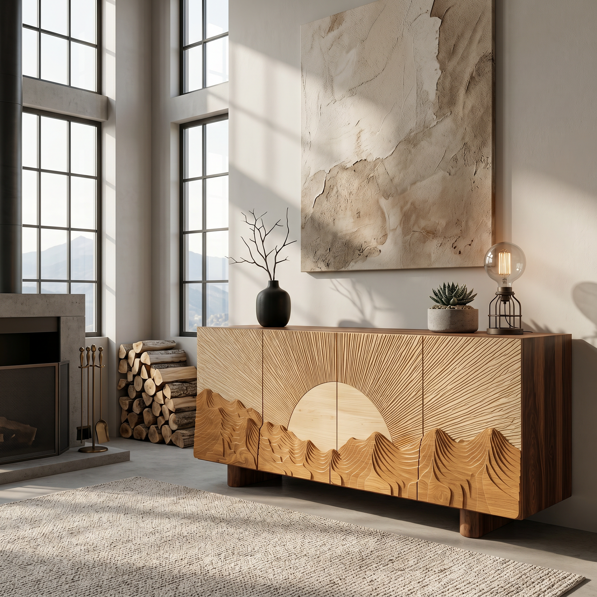 Rustic Mountain Sunrise Sideboard With Carved Wood Doors For Living Room