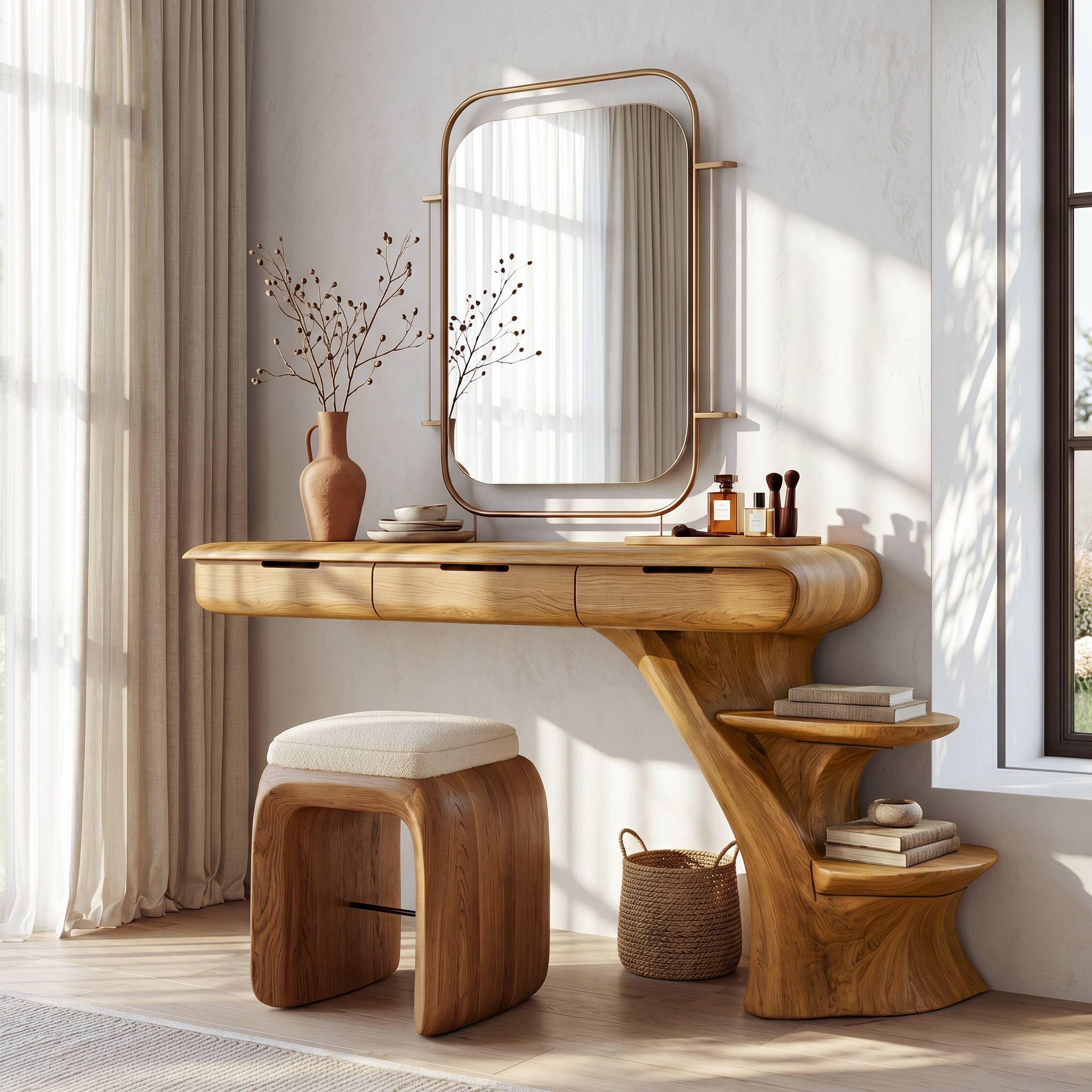 Sculptural Dressing Table With Open Storage Shelves For Bedroom