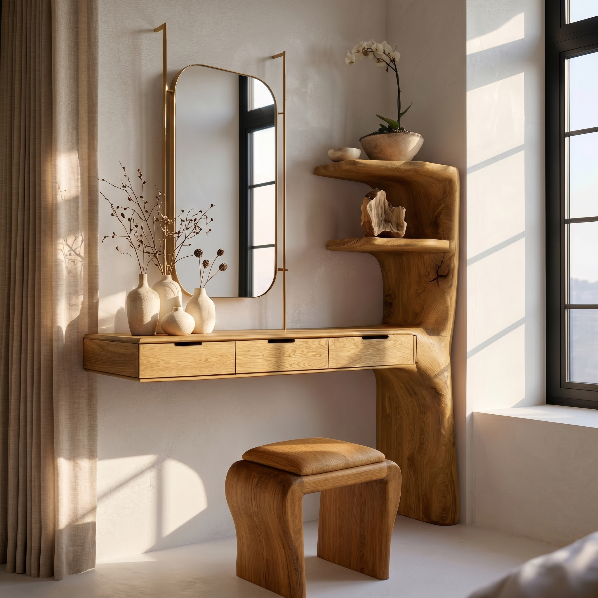 Organic Dressing Table With Built In Storage Shelves For Bedroom And Dressing Room