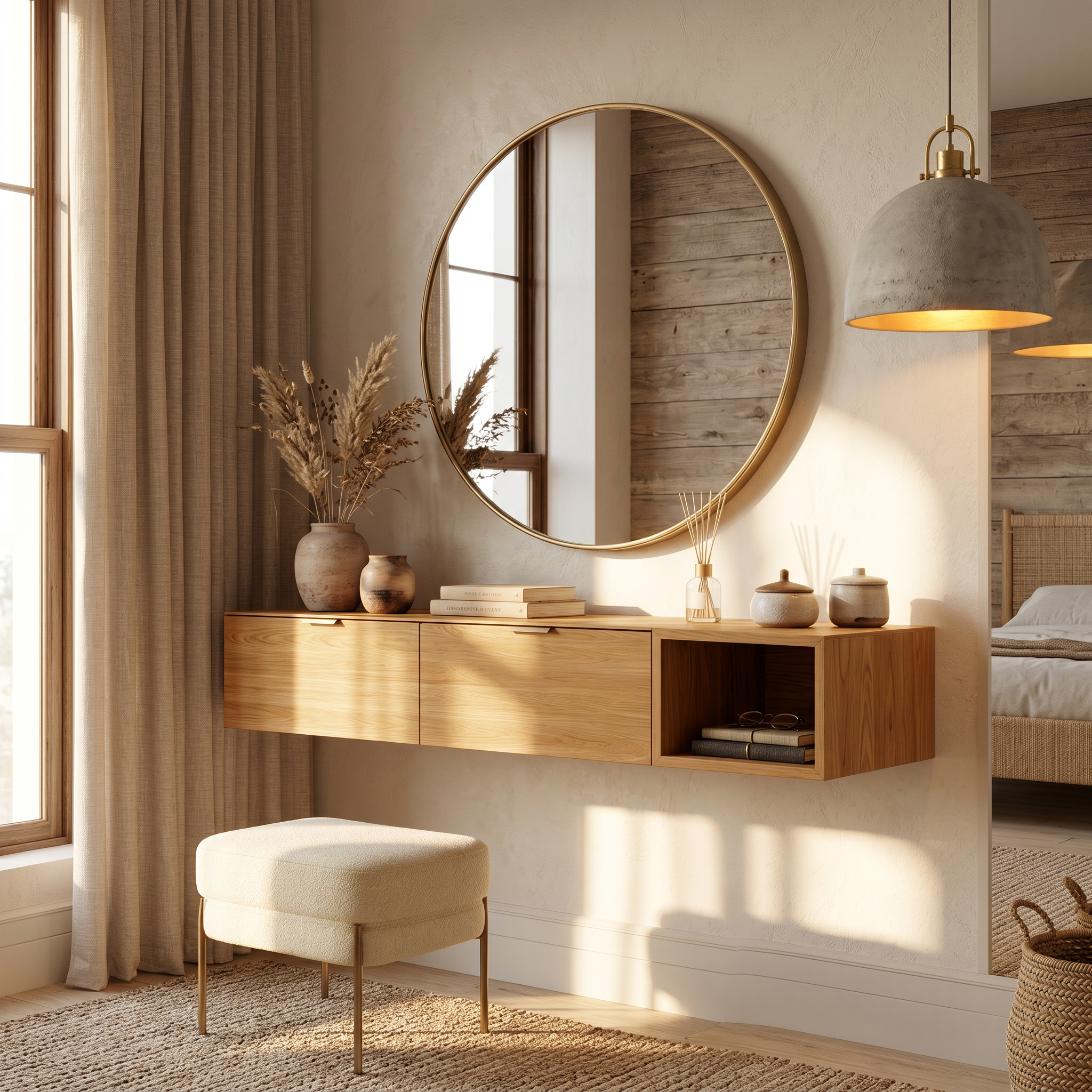Modern Wall Mounted Dressing Table With Built In Storage For Bedroom