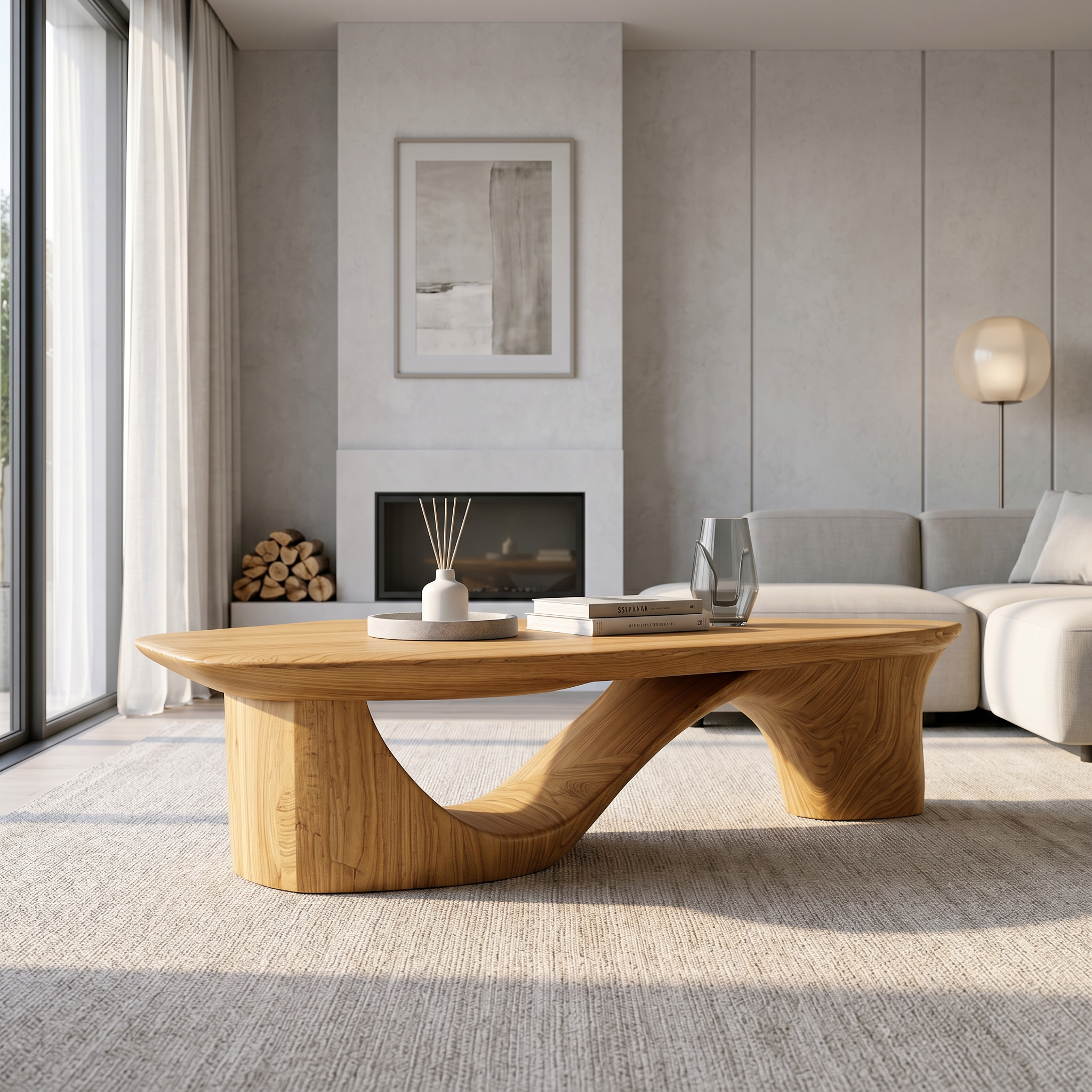 Contemporary Coffee Table With Sculptural Wooden Base For Living Room