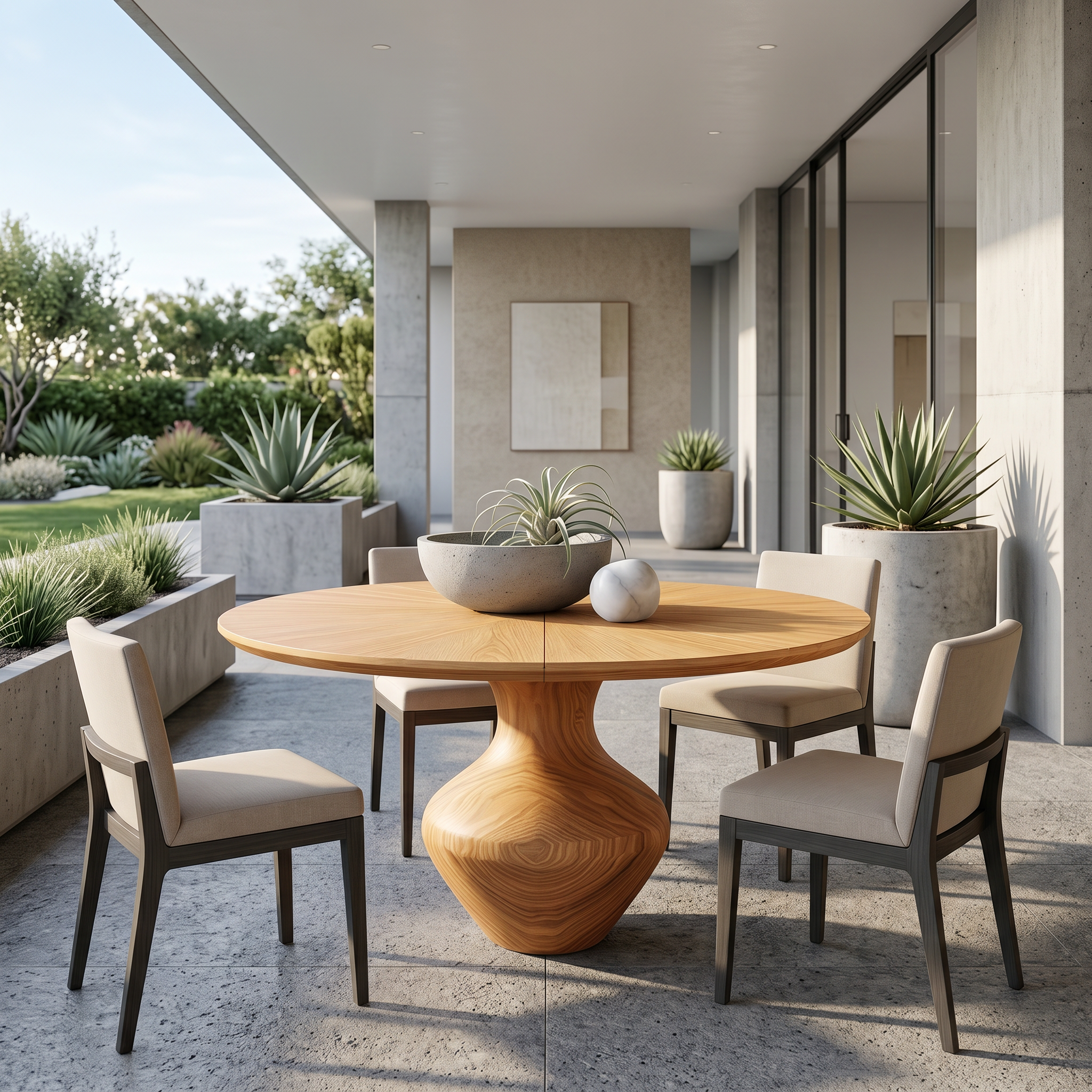 Rustic Dining Table With Sculptural Solid Wood Pedestal Base Farmhouse Round Dining Table With Sculptural Wooden Base For Kitchen