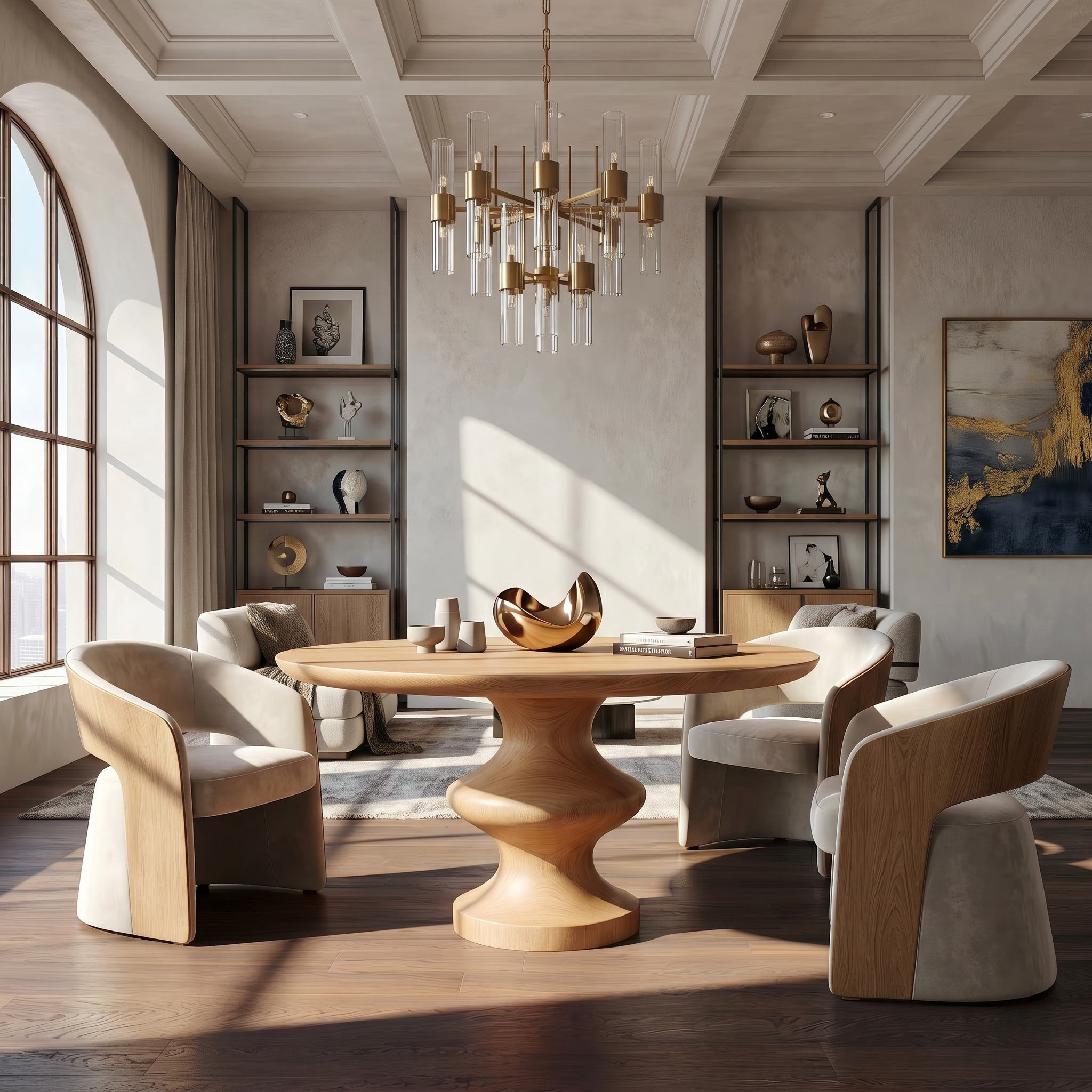 Modern Pedestal Dining Table With Sculptural Solid Wood Base For Dining Room