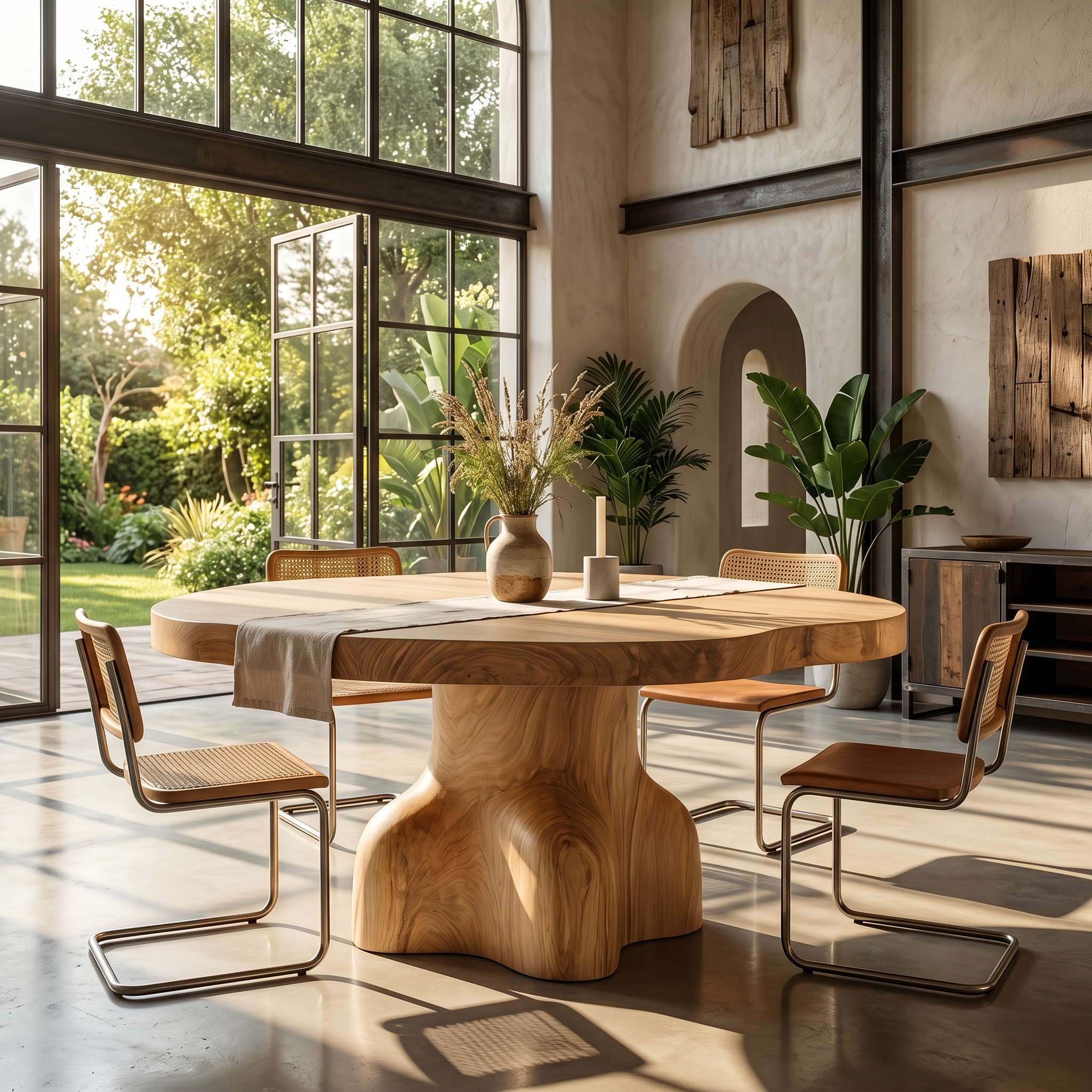 Contemporary Round Dining Table With Sculptural Solid Wood Pedestal For Dining Room