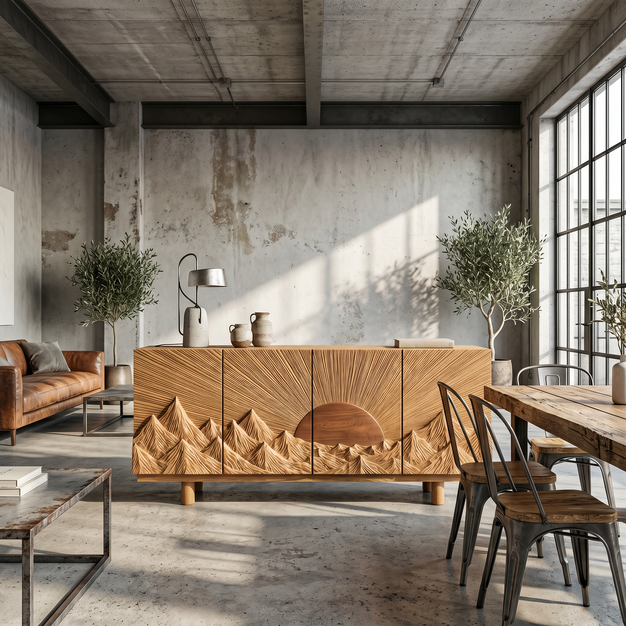Rustic Mountain Sunrise Sideboard With Carved Wood Doors For Living Room