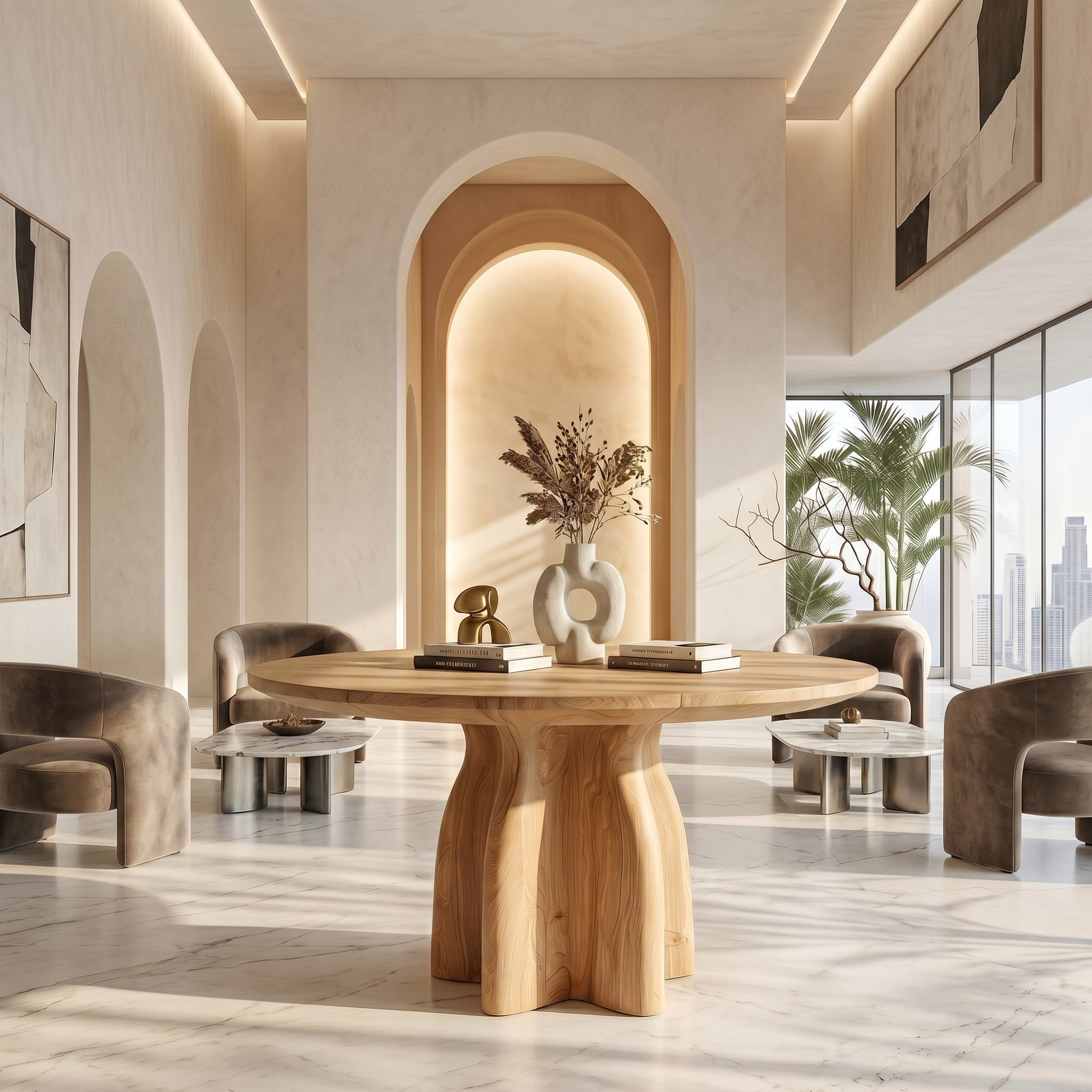 Organic Foyer Table With Sculptural Solid Wood Pedestal Base For Entryway