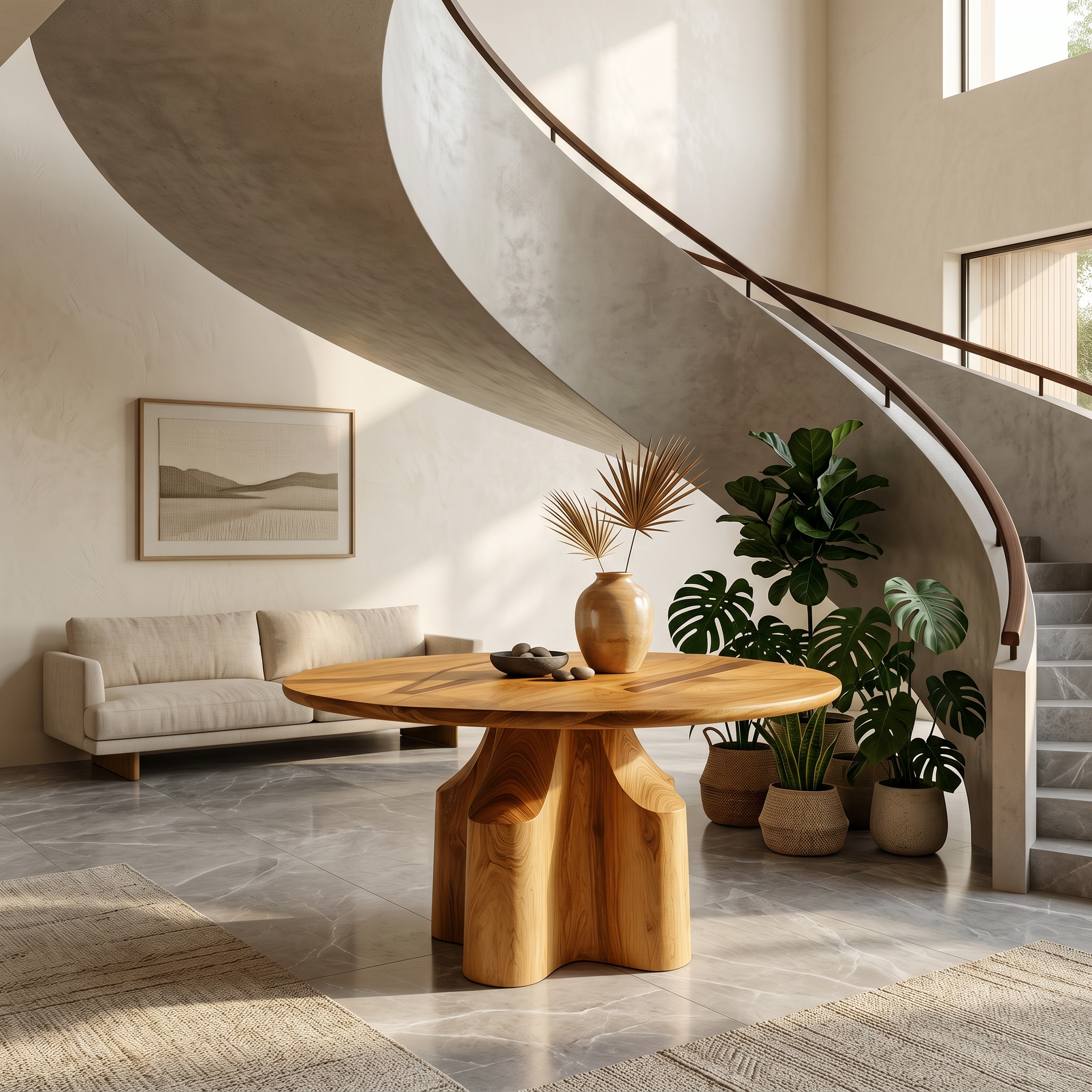 Contemporary Foyer Table With Sculptural Solid Wood Pedestal Base For Entryway And Hallway