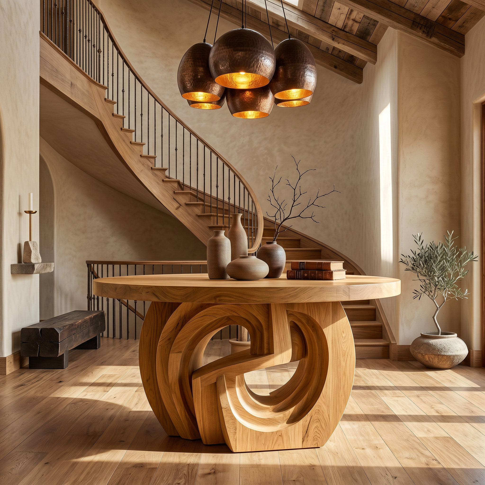 Rustic Foyer Table With Sculptural Ring Pedestal Base For Entryway And Hallway