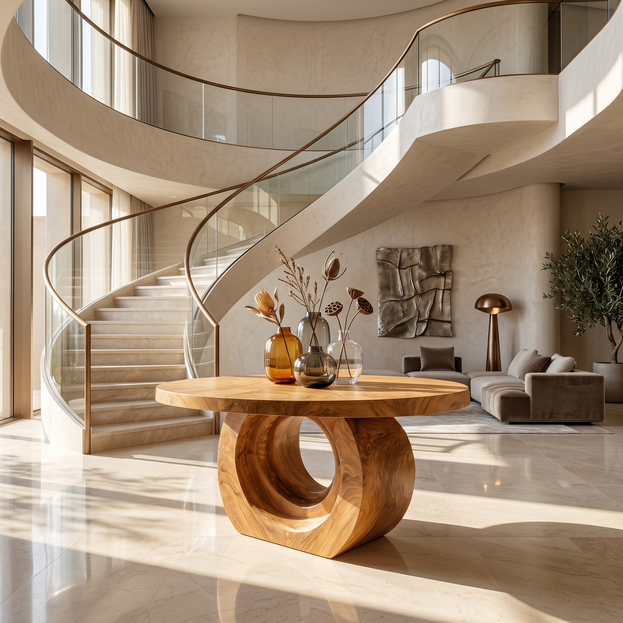 Contemporary Round Foyer Table With Sculptural Open Ring Base For Entryway And Hallway