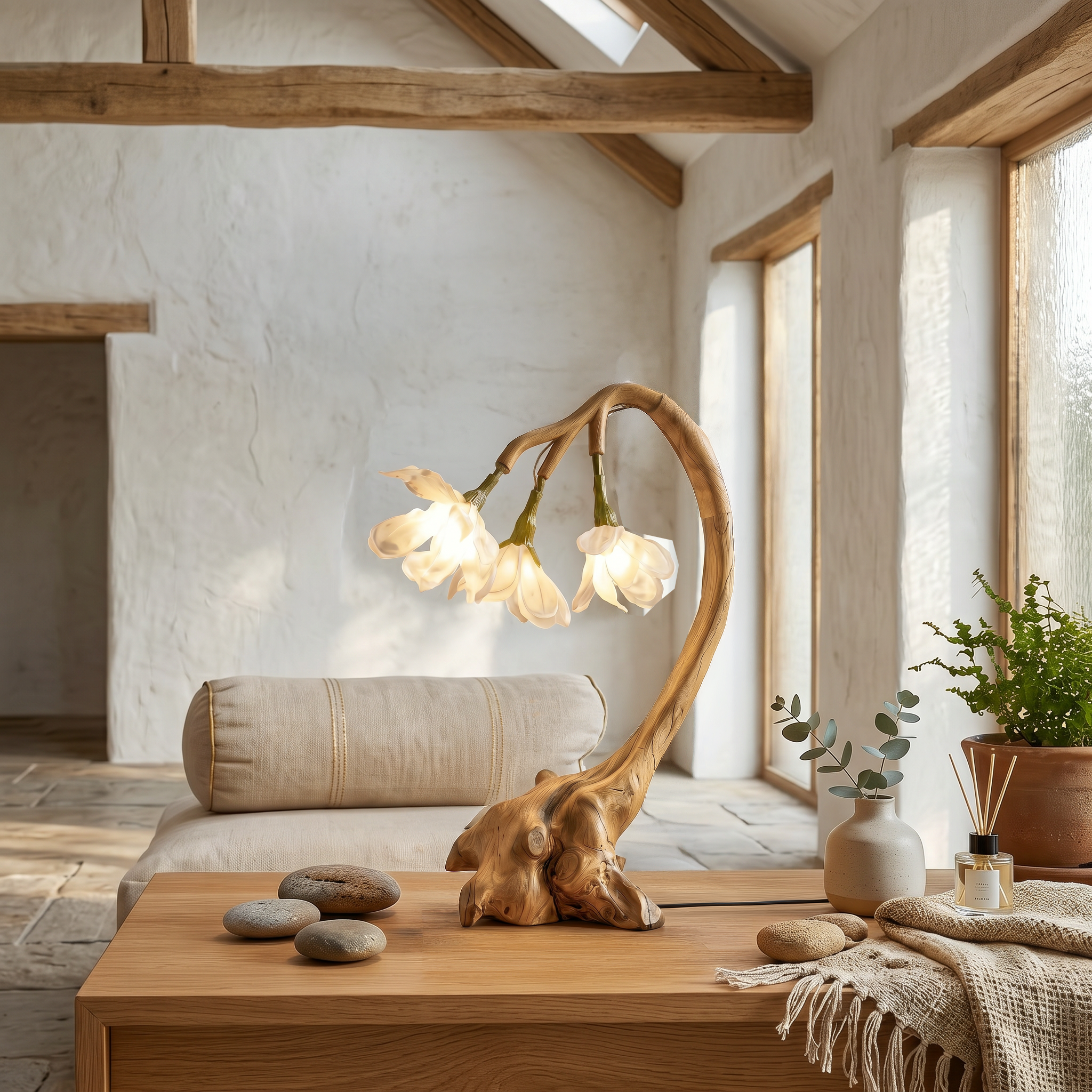 Organic Flower Table Lamp With Sculptural Wood Base For Bedroom And Living Room