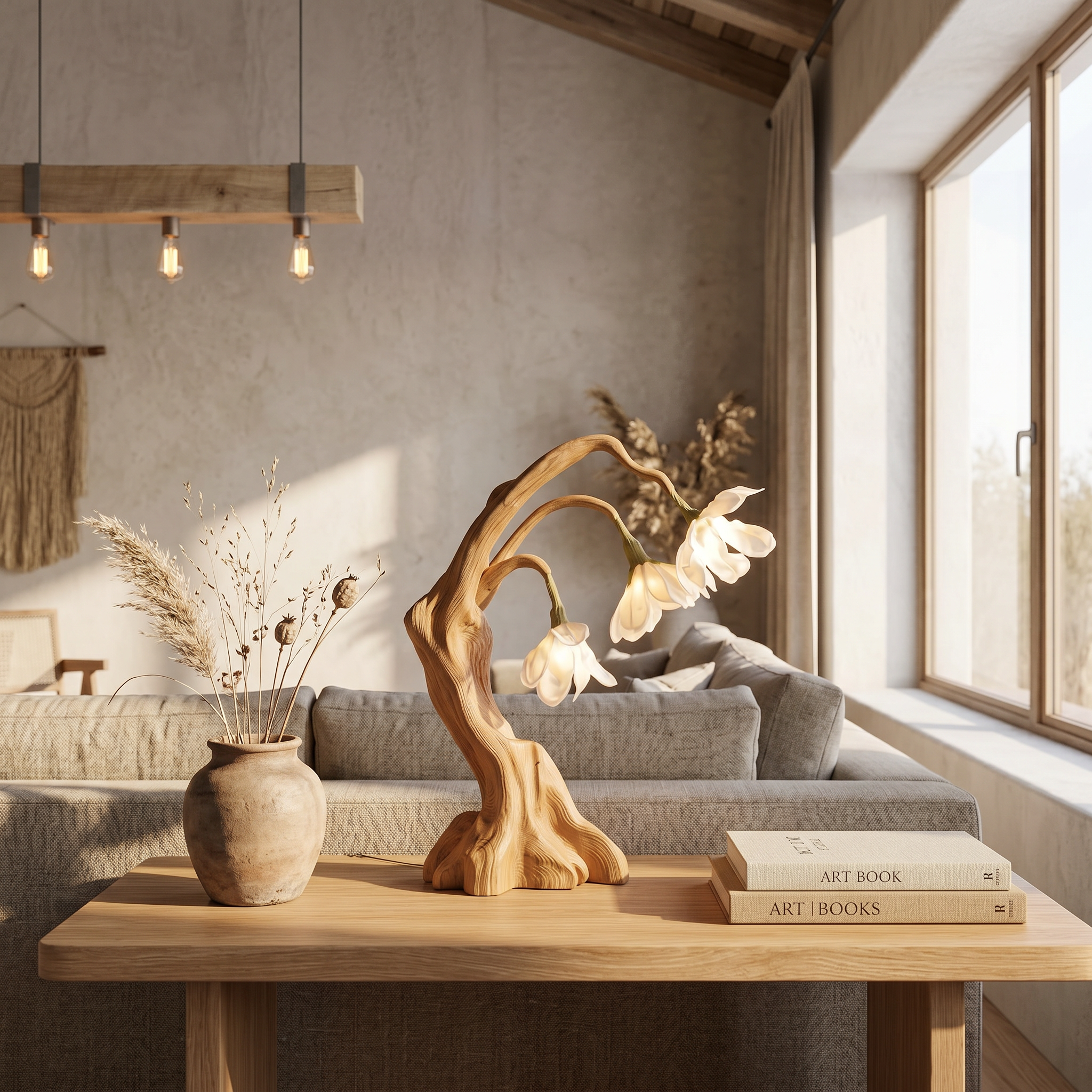 Modern Floral Table Lamp With Sculptural Driftwood Base For Bedroom And Living Room