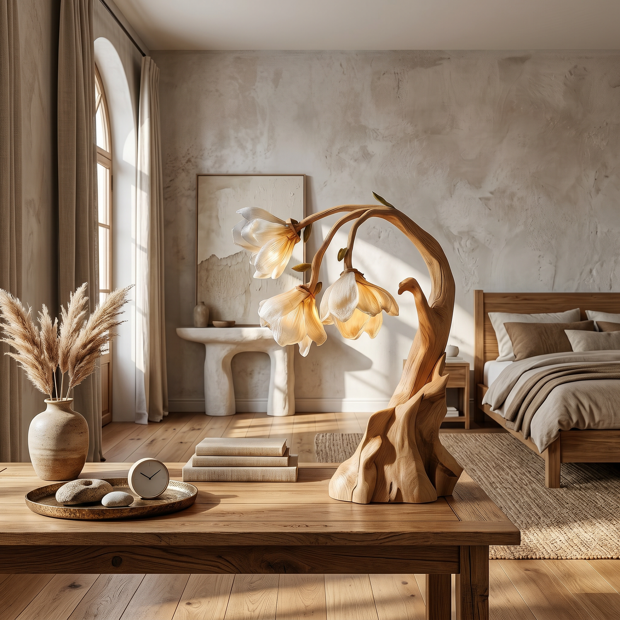 Contemporary Floral Table Lamp With Sculptural Solid Wood Base For Bedroom And Living Room