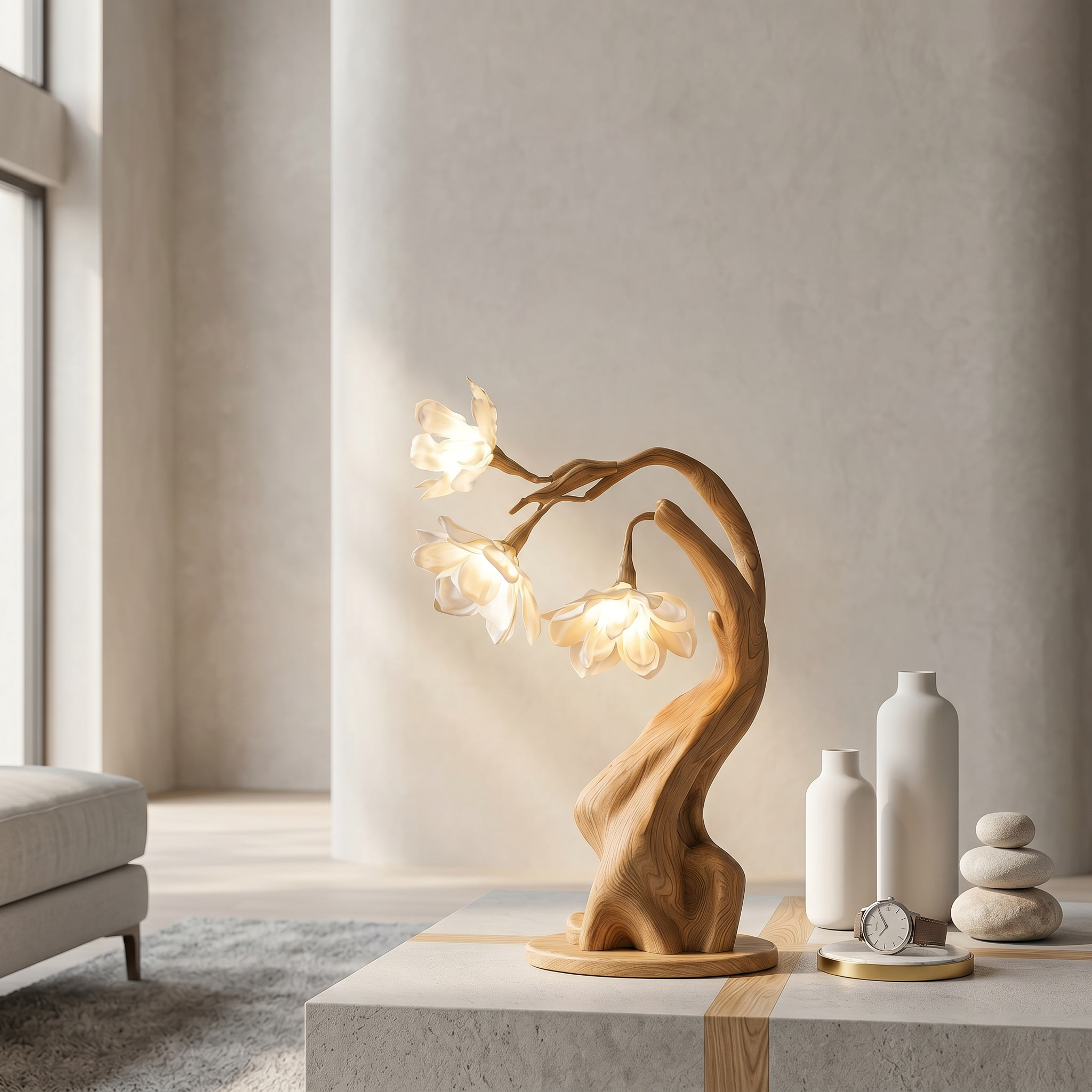 Contemporary Floral Table Lamp With Twisted Solid Wood Base For Bedroom And Living Room