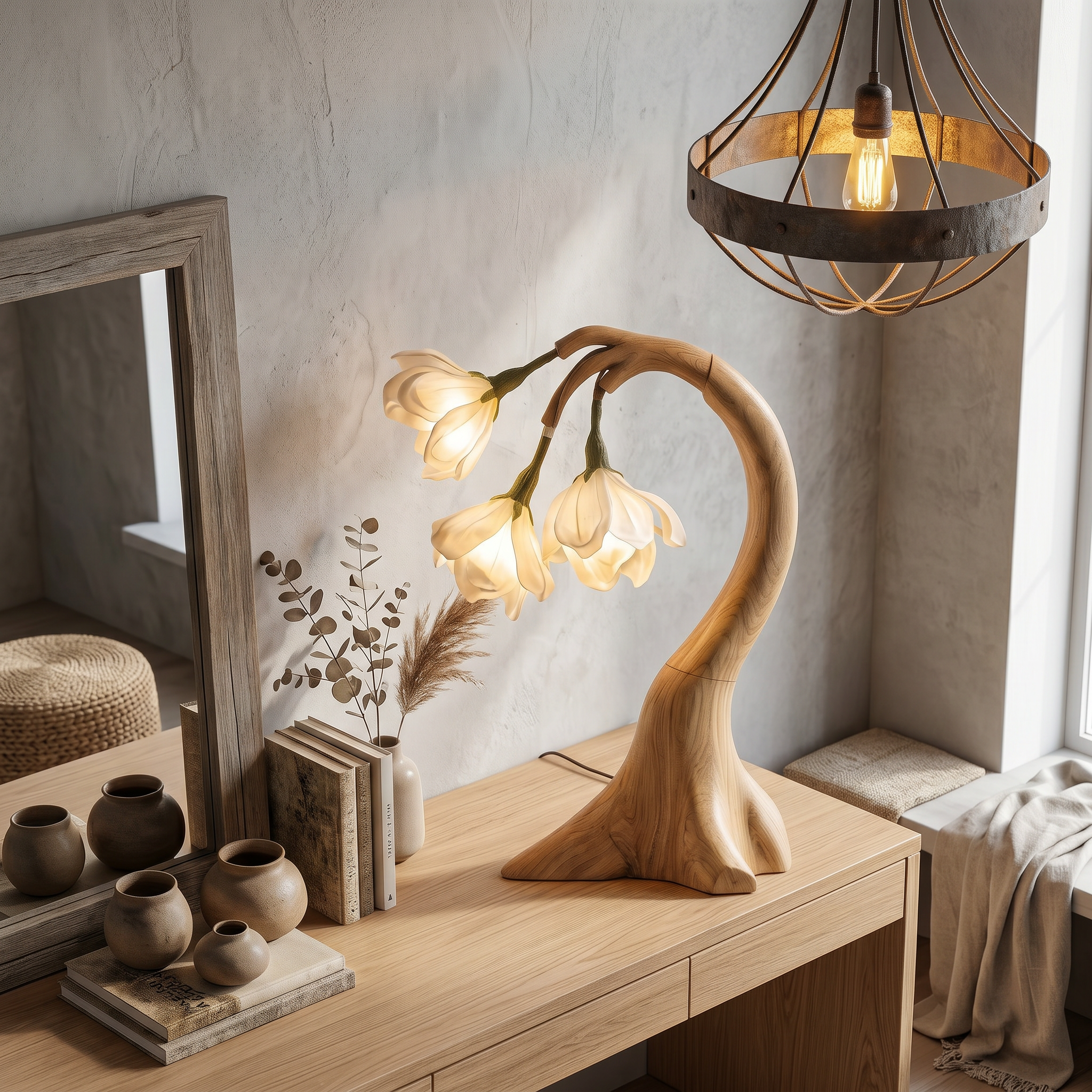Modern Floral Table Lamp With Sculptural Curved Wood Base For Bedroom And Living Room