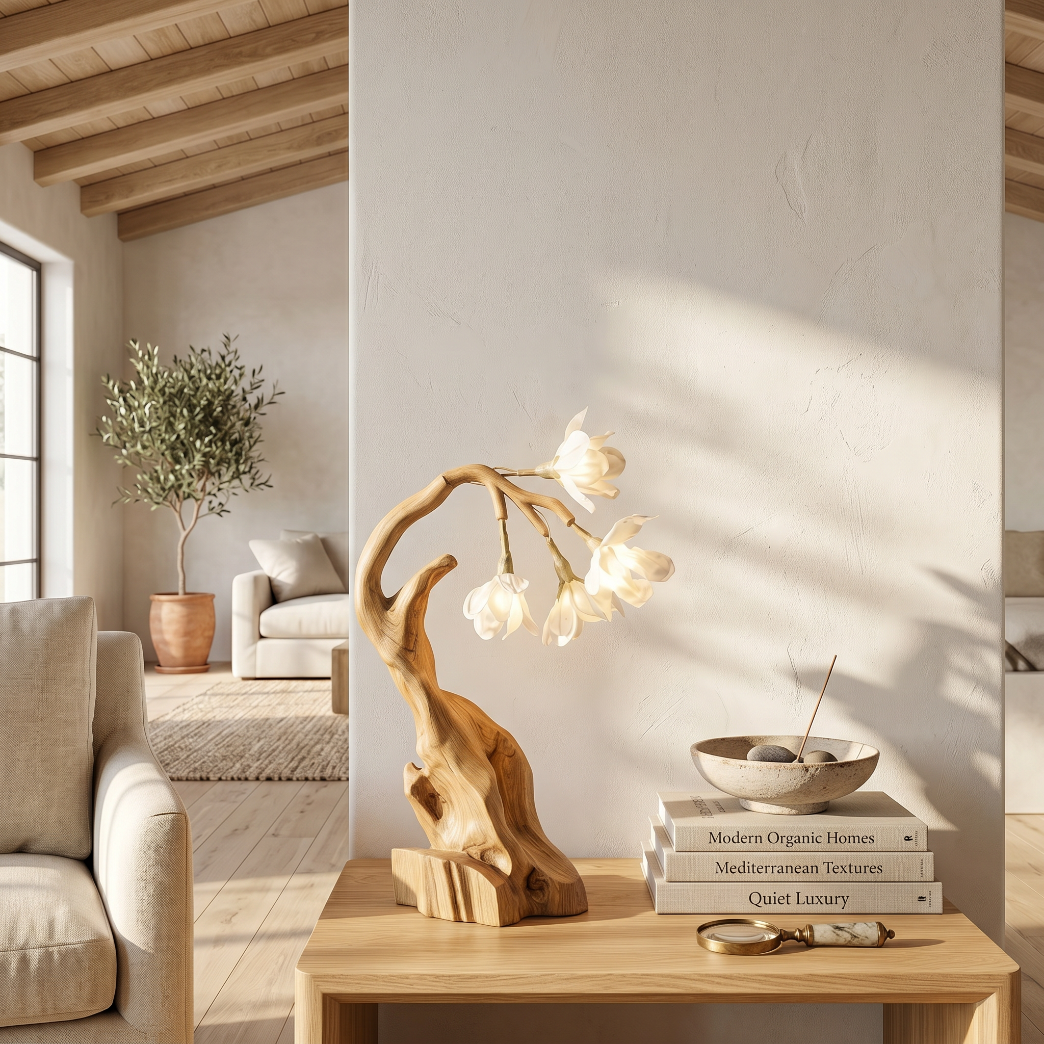 Luxury Floral Table Lamp With Sculptural Driftwood Base For Bedroom And Living Room