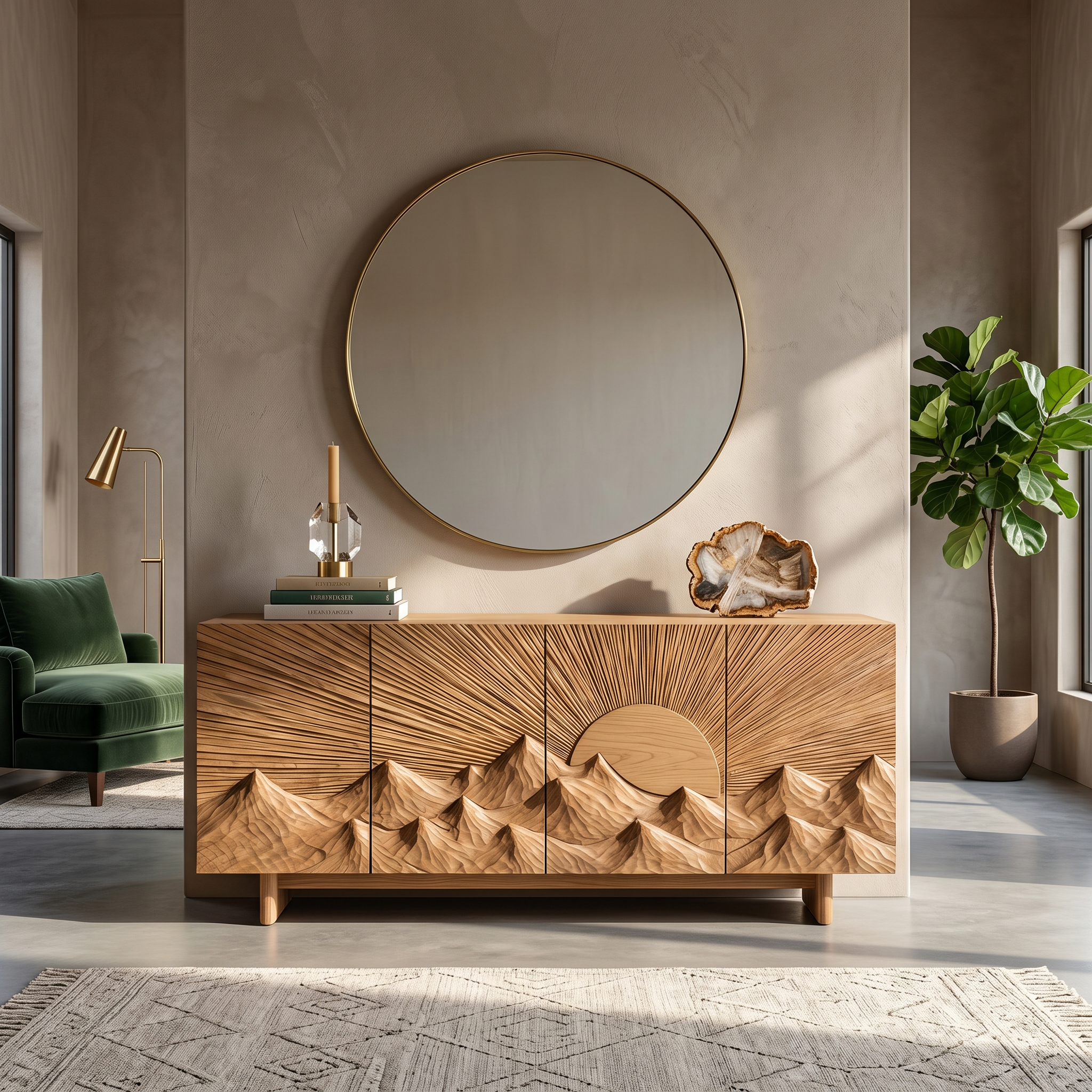 Contemporary Landscape Sideboard With Sculptural Carved Wood Doors For Living Room