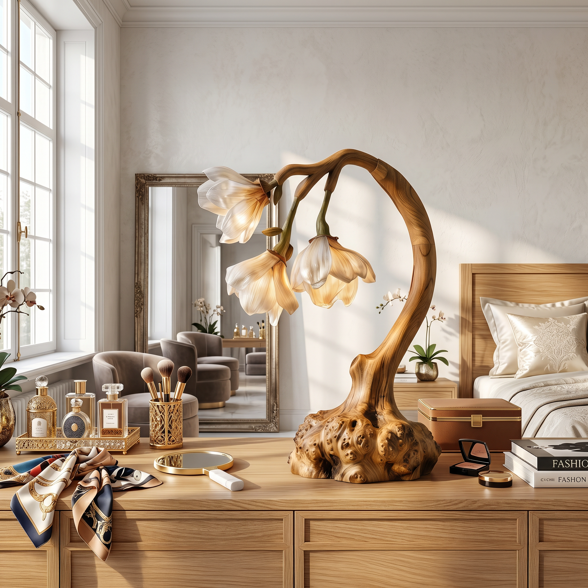 Minimalist Floral Table Lamp With Organic Wood Base For Bedroom And Living Room