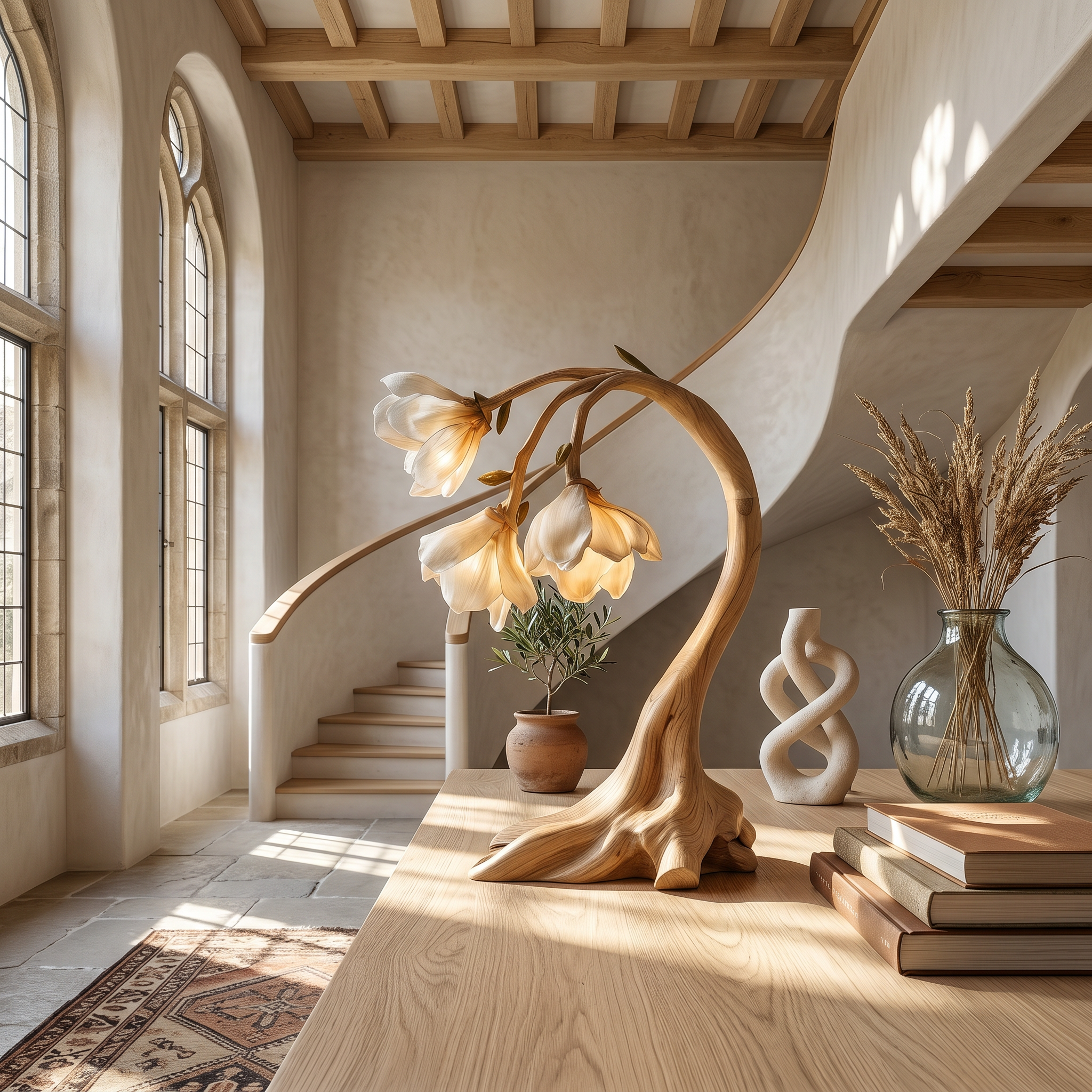 Rustic Floral Table Lamp With Sculptural Driftwood Base For Bedroom And Living Room