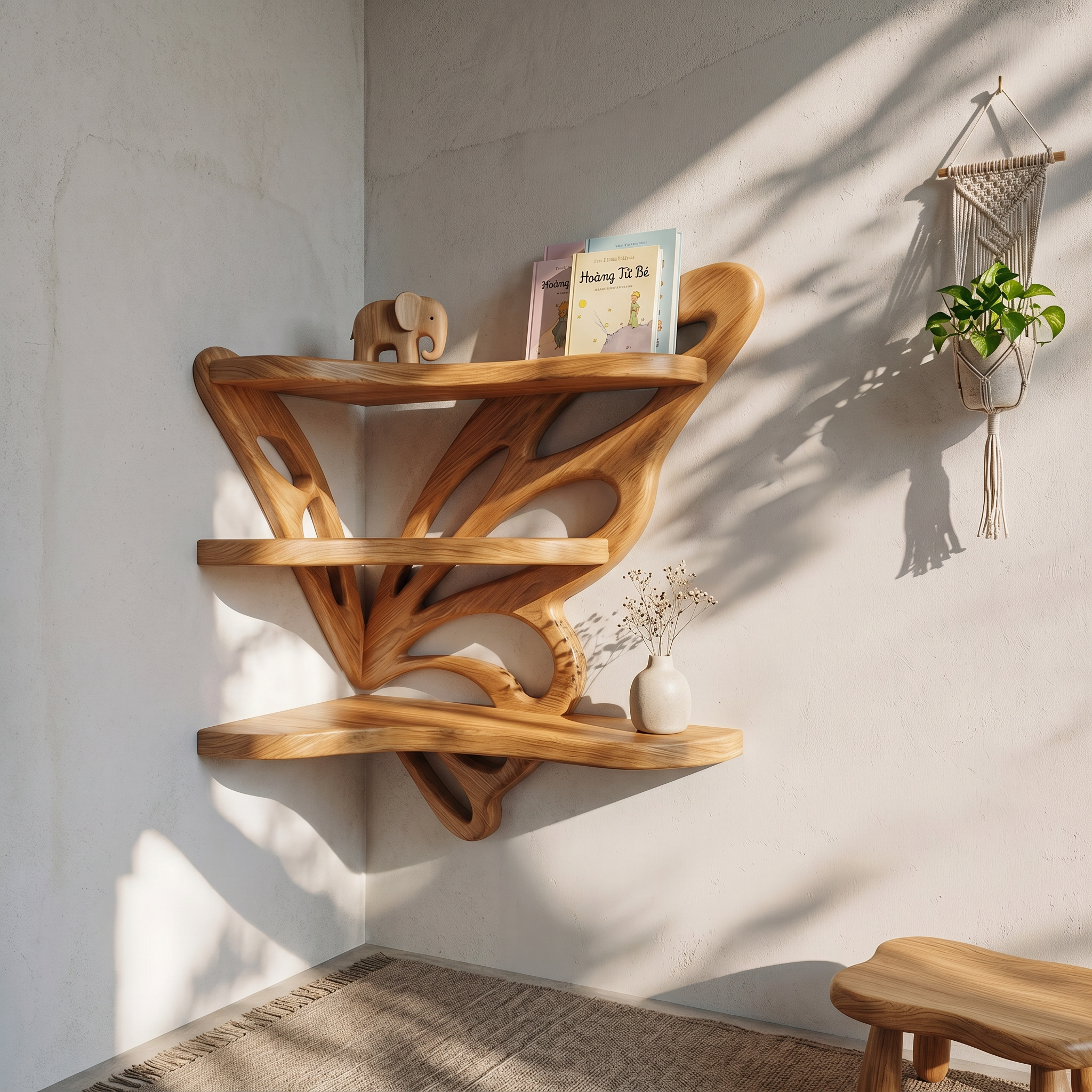 Rustic Butterfly Floating Shelf With Natural Live Edge Wood Design For Living Room
