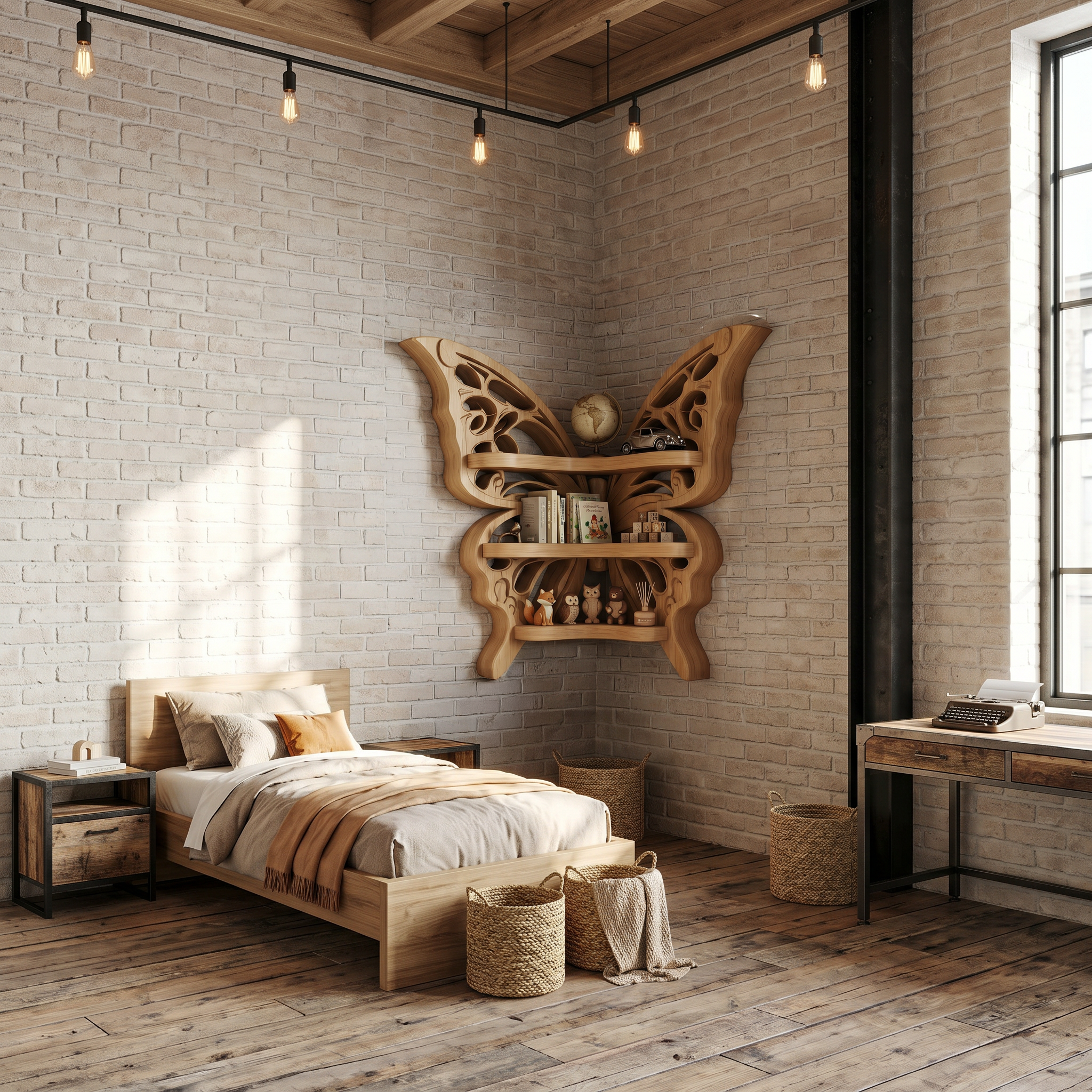 Sculptural Butterfly Floating Shelf With Handcrafted Solid Wood Design For Living Room