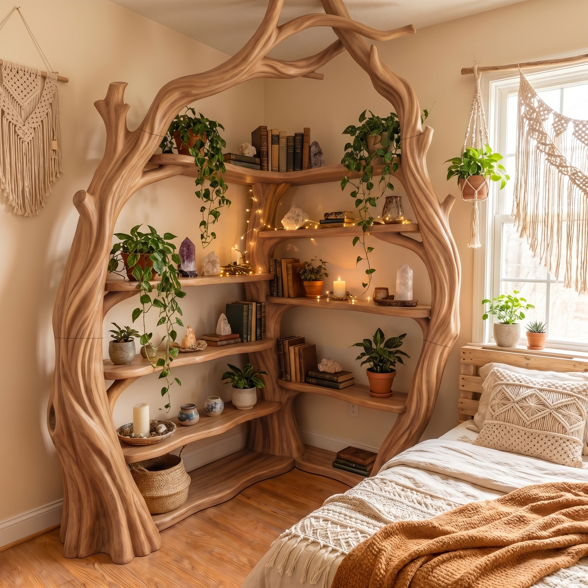Tree Wall Bookshelf Corner Storage Bookcase Wooden Display Shelf For Living Room Bedroom Decor