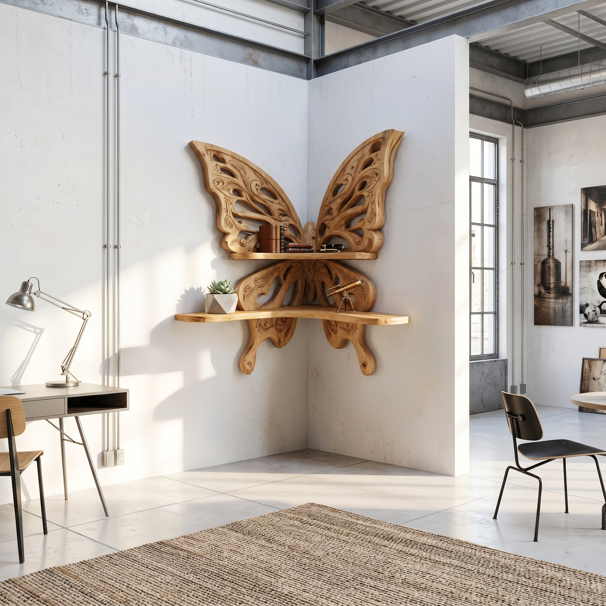 Butterfly Inspired Floating Shelf With Sculptural Live Edge Wood Design For Living Room