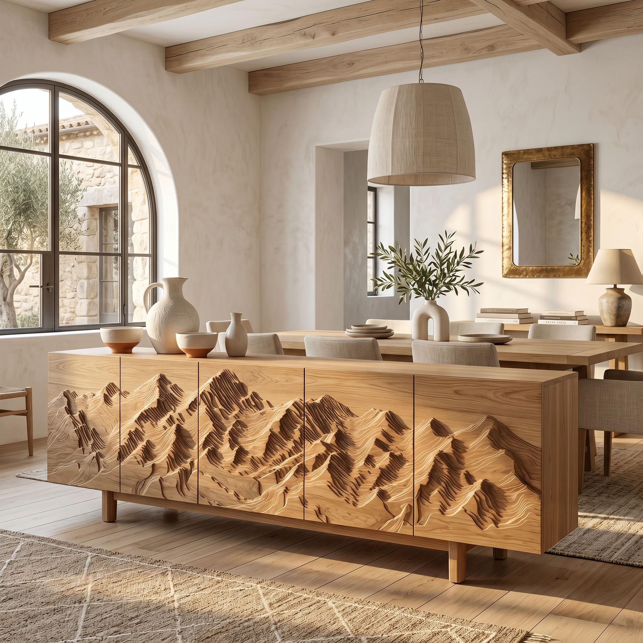 Rustic Mountain Sunrise Sideboard With Hand Carved Wood Doors For Living Room And Entryway