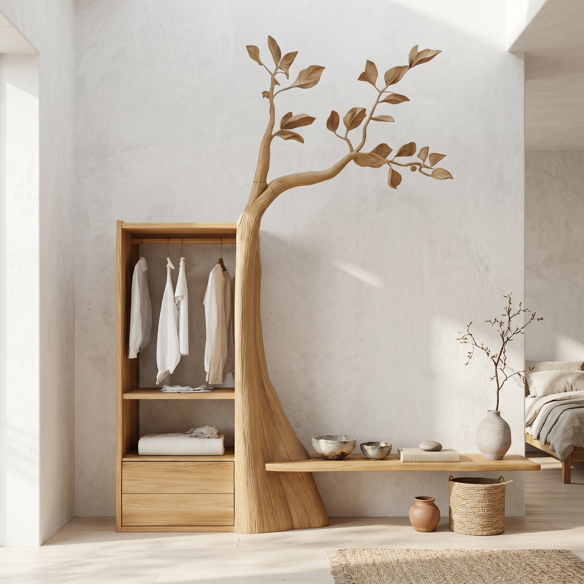 Organic Modern Tree Coat Rack Seating Bench Entryway And Bedroom