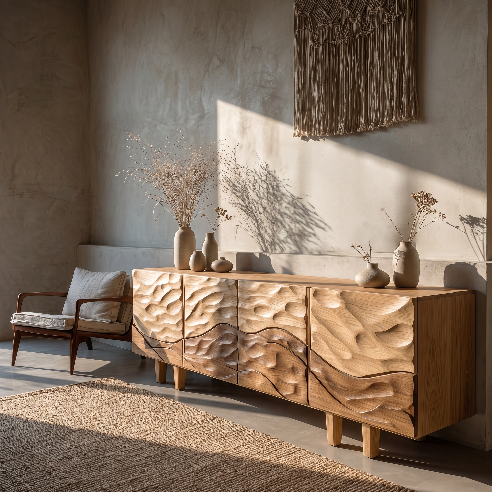 Sculptural Sideboard With Flowing Wood Grain Doors For Living Room