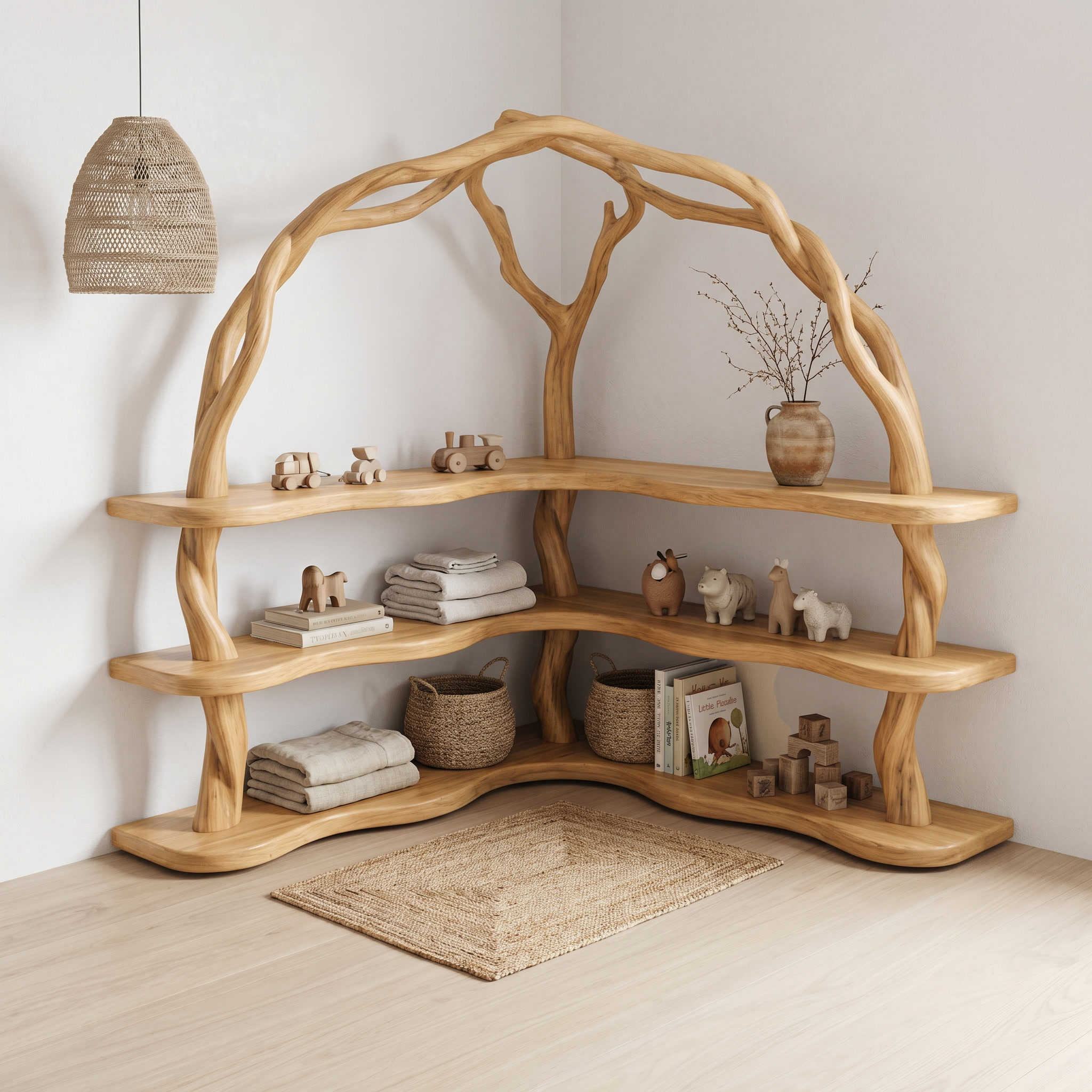 Organic Corner Bookcase With Natural Branch Frame Design For Living Room And Bedroom