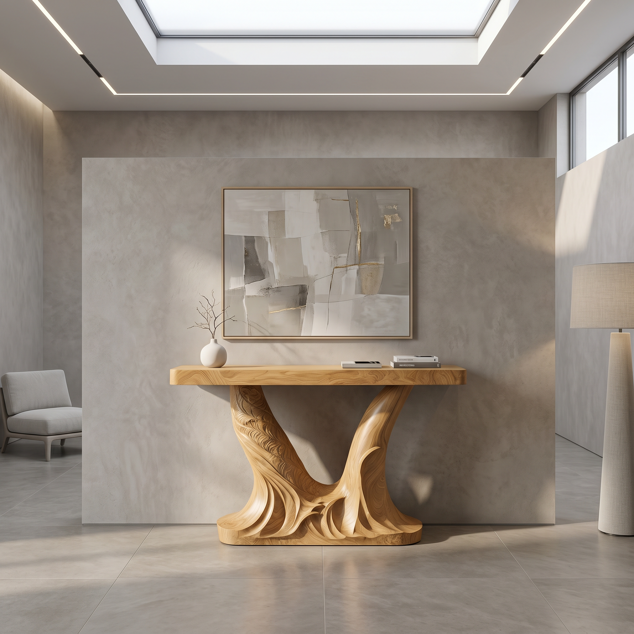 Organic Console Table With Sculptural Double Pedestal Base For Entryway