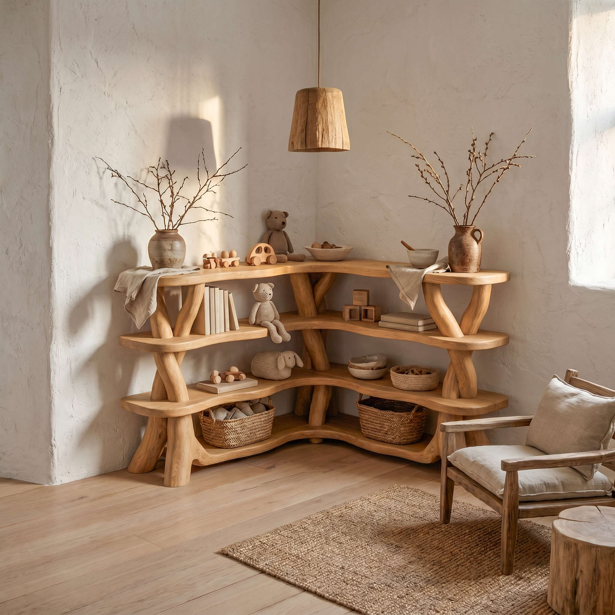 Rustic Organic Corner Bookshelf With Sculptural Tree Branch Shelves For Living Room And Bedroom