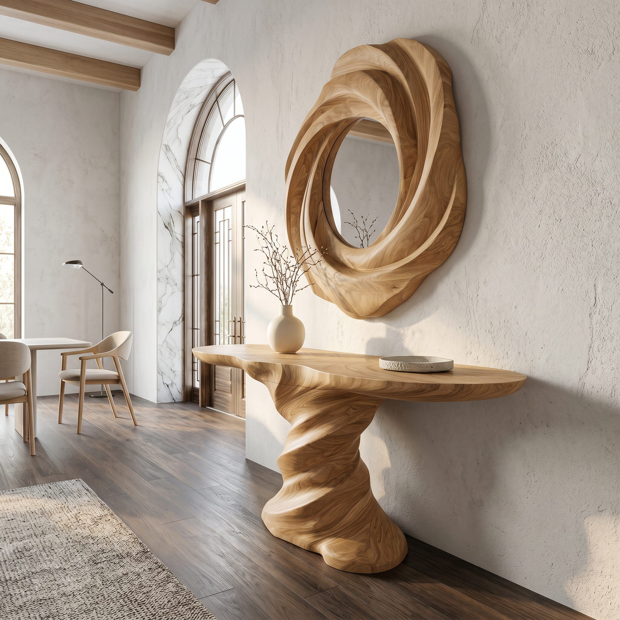 Organic Console Table With Sculptural Helix Base For Entryway
