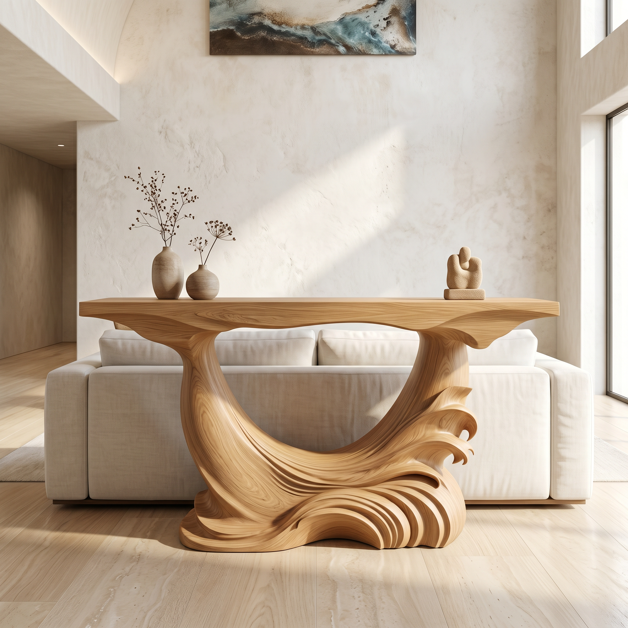Natural Console Table With Flowing Wood Sculpture For Hallway