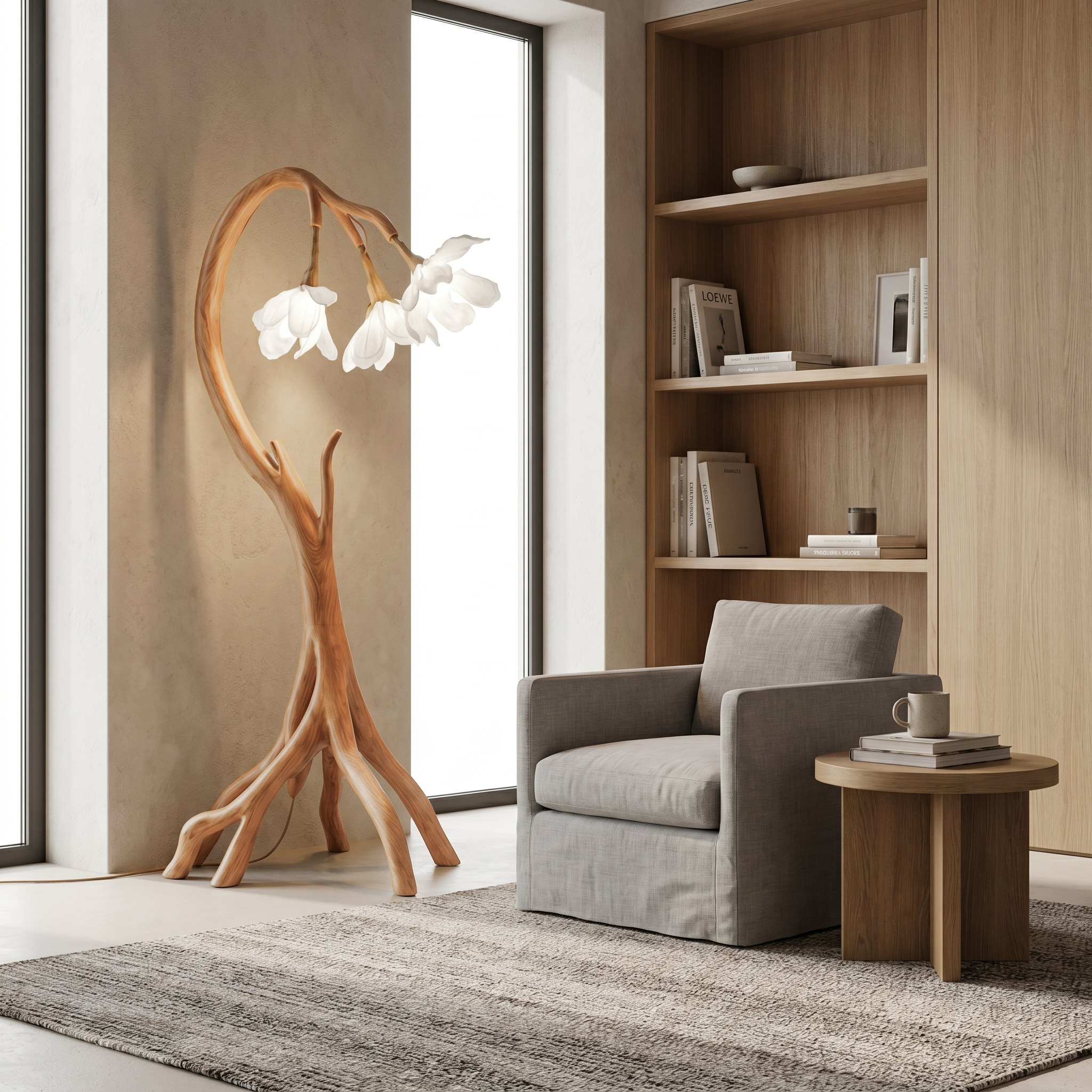 Botanical Flower Floor Lamp With Sculptural Wood Base For Living Room And Bedroom