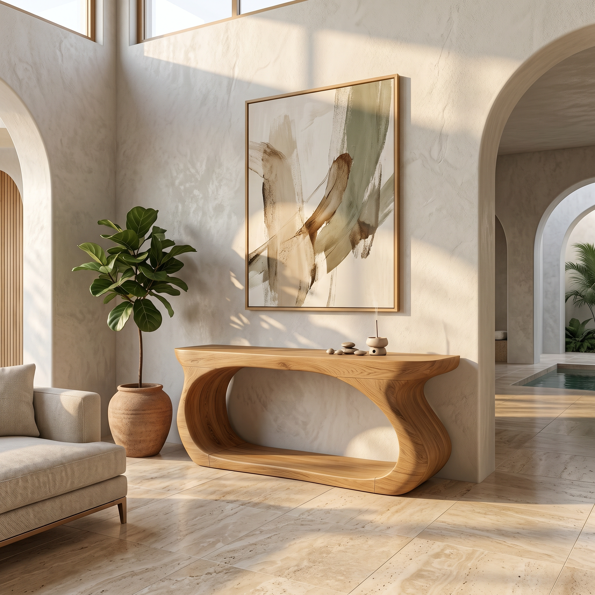 Modern Console Table With Sculptural Circular Form For Entryway