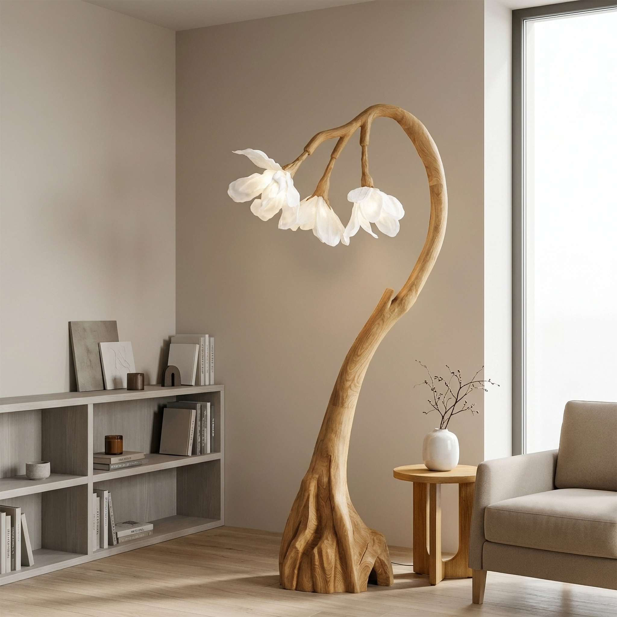 Floral Floor Lamp With Organic Wood Base For Living Room And Bedroom