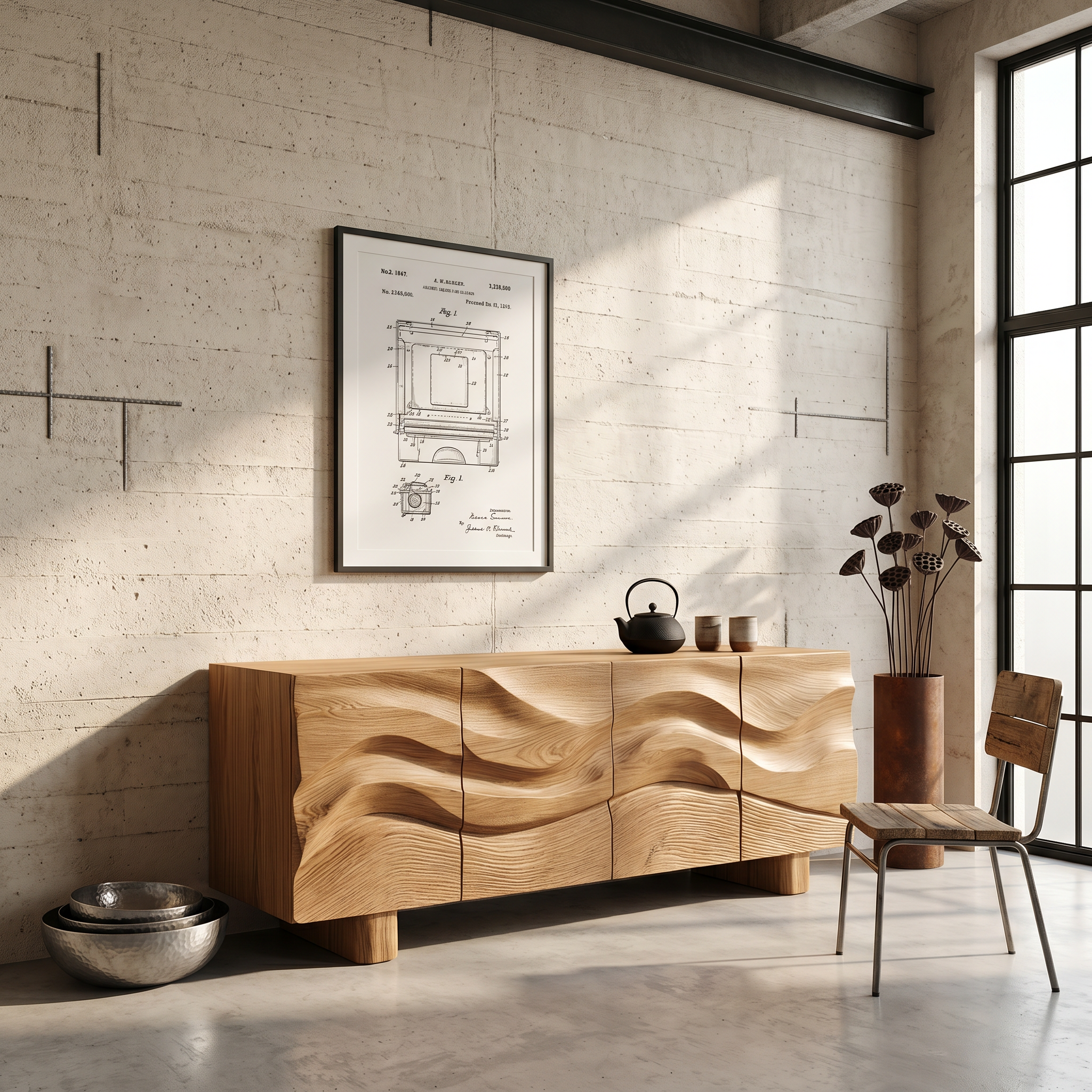 Modern Organic Sideboard With Wave Front Wood Doors For Living Room