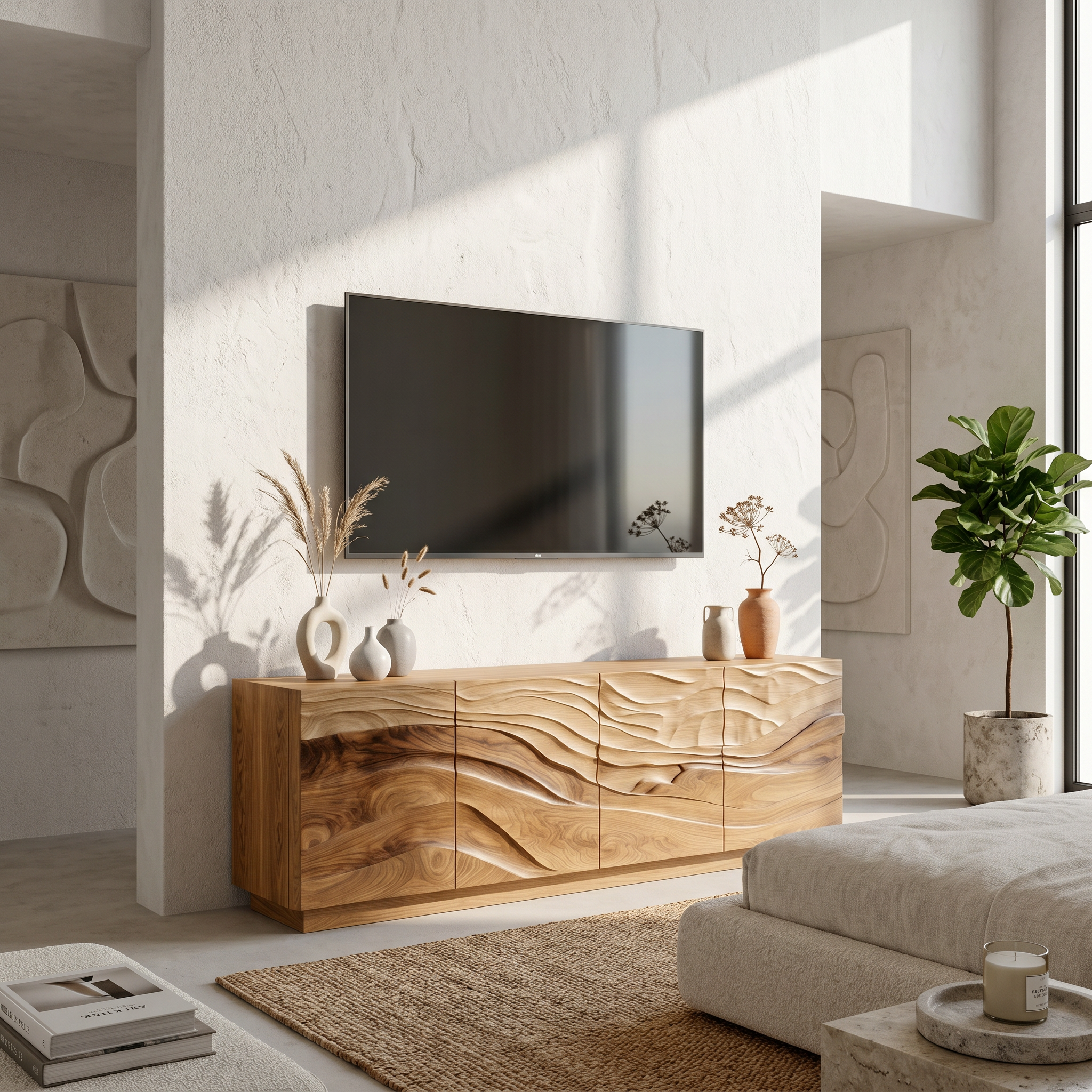 Organic Sideboard With Sculptural Wave Carved Wood Front For Living Room