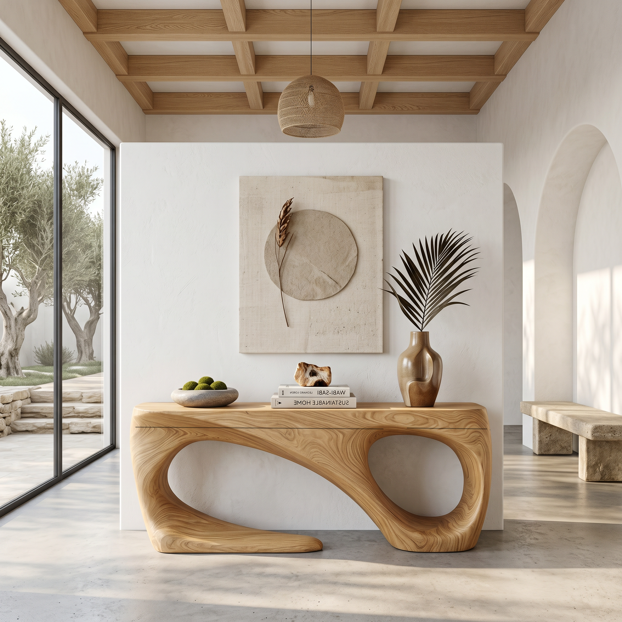 Rustic Console Table With Handcrafted Flowing Design For Living Room